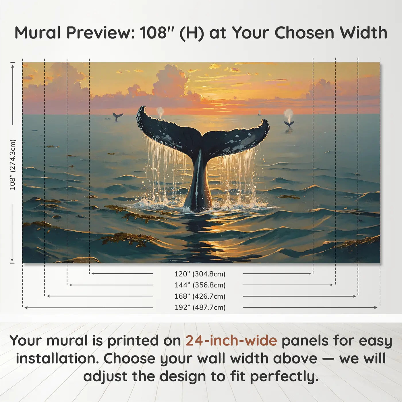 Panel layout and dimensions for Whale Tail Golden Hour Wallpaper Mural by Whimsy Tots