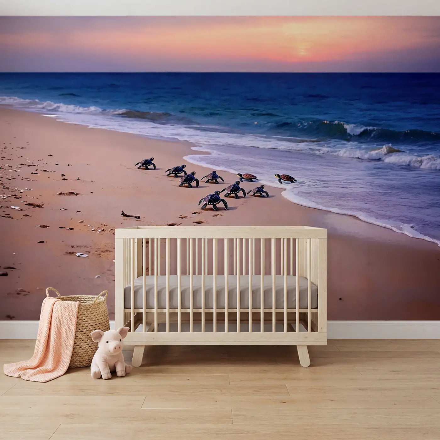 Soft Pastel sea turtle hatchling dawn wallpaper mural for girls room by Whimsy Tots