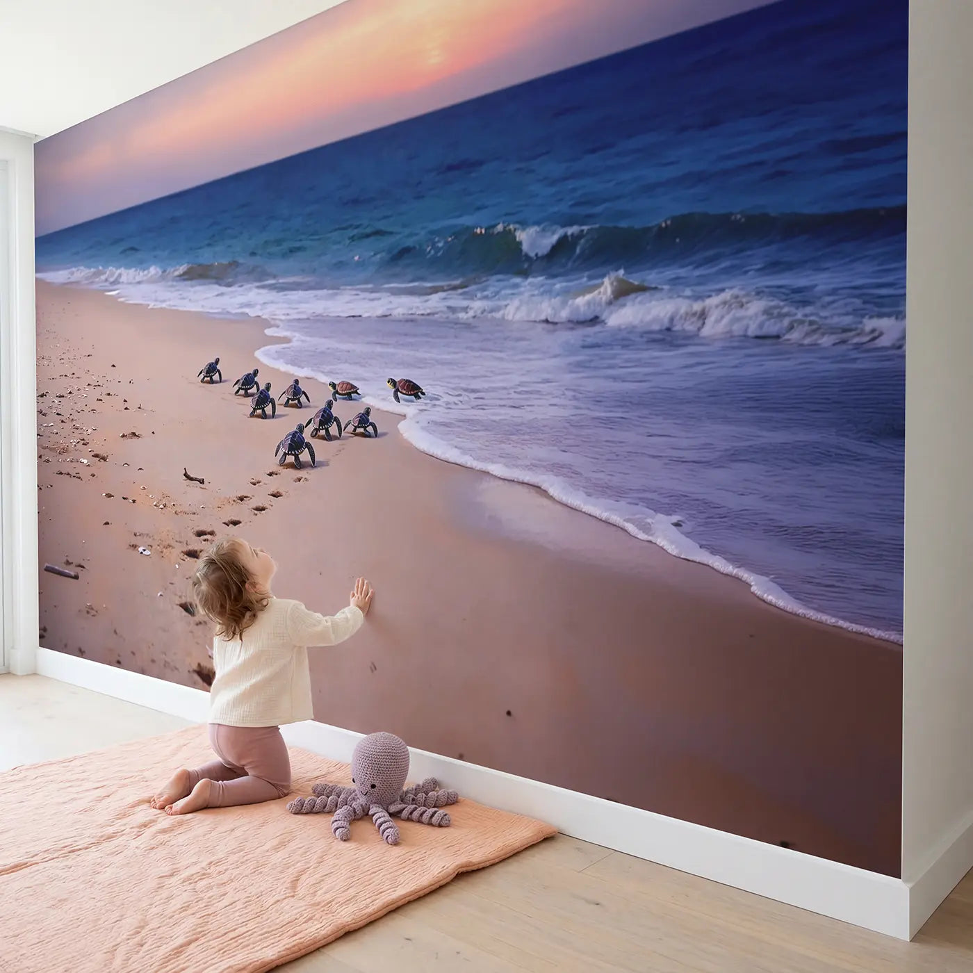 Child in nursery with Sea Turtle Hatchling Dawn Wallpaper Mural by Whimsy Tots