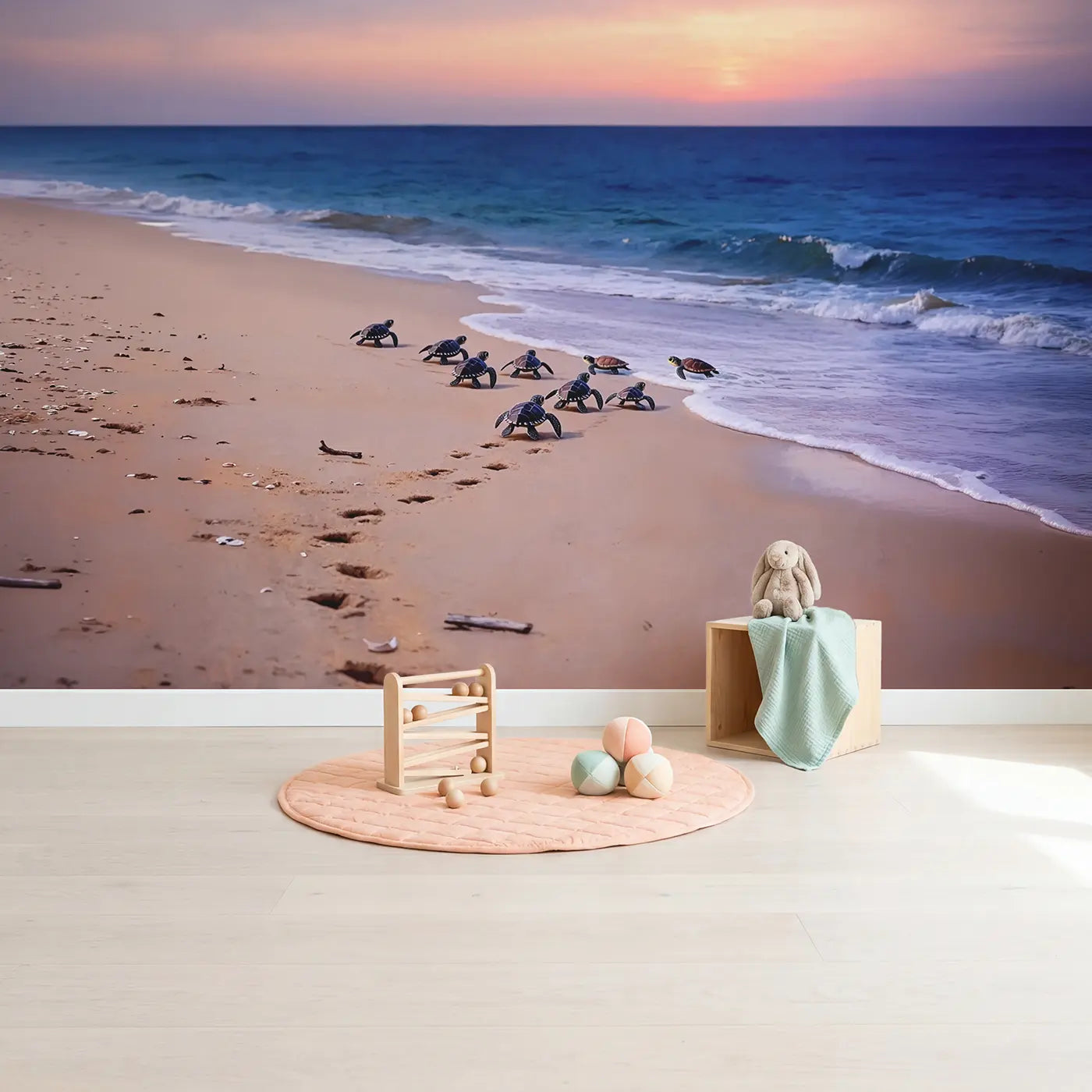 Sea Turtle Hatchling Dawn Wallpaper Mural in playroom setting by Whimsy Tots