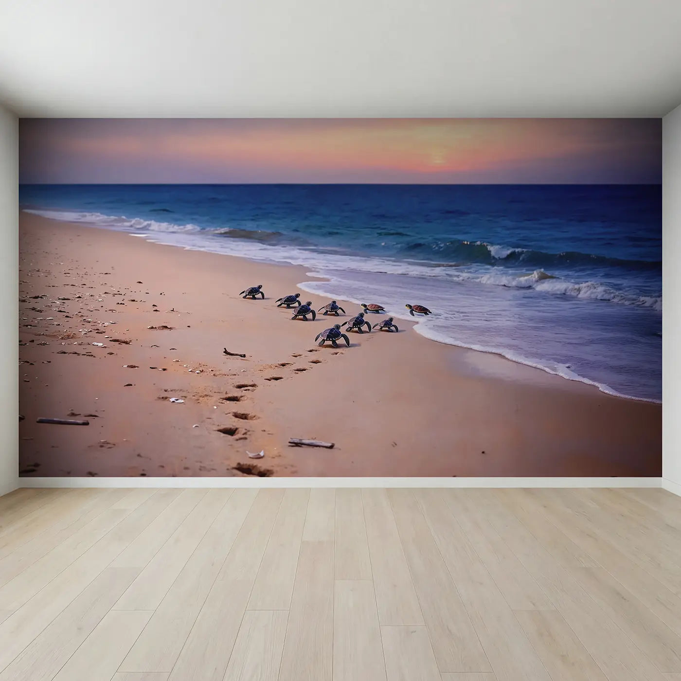 Full view of Sea Turtle Hatchling Dawn Wallpaper Mural by Whimsy Tots