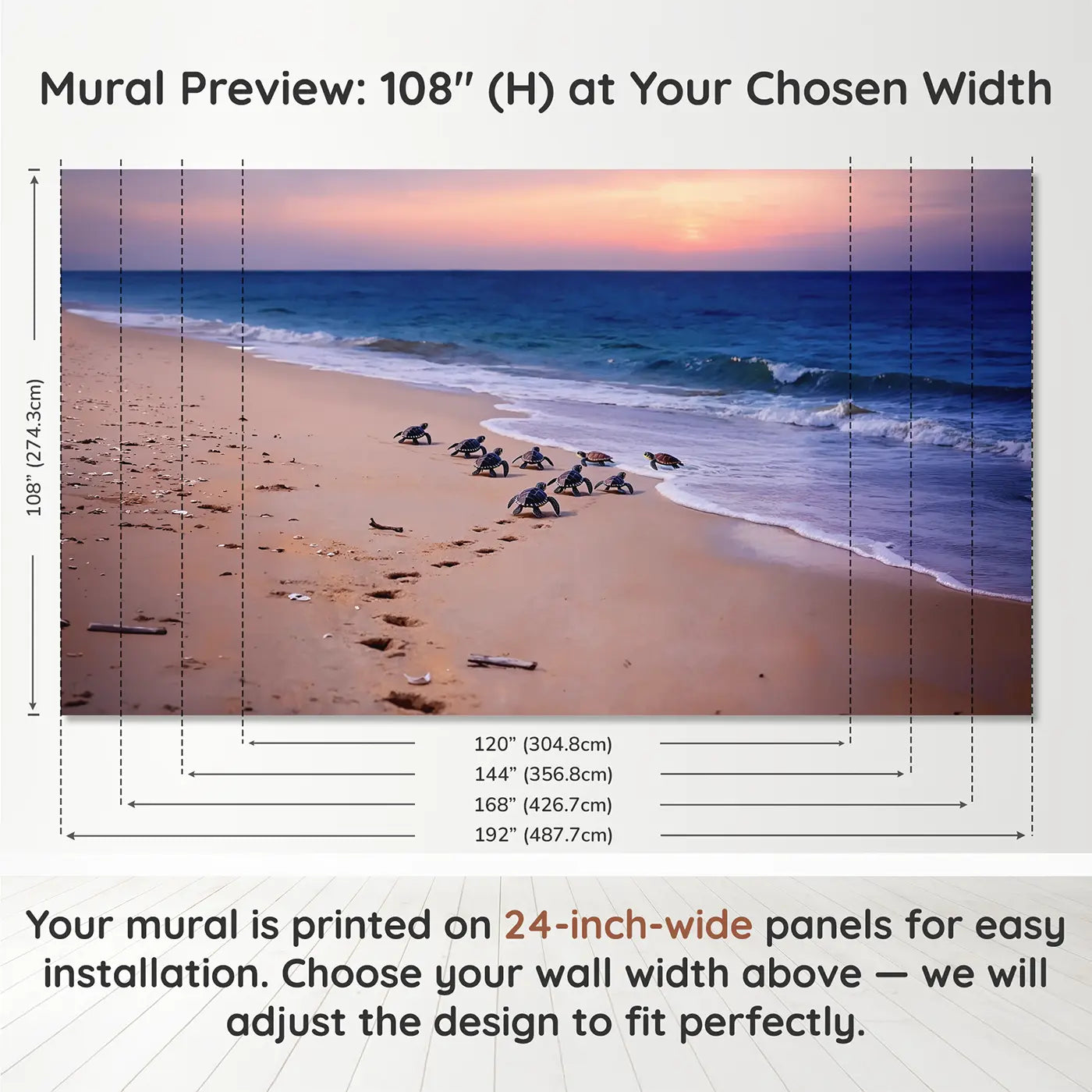 Panel layout and dimensions for Sea Turtle Hatchling Dawn Wallpaper Mural by Whimsy Tots