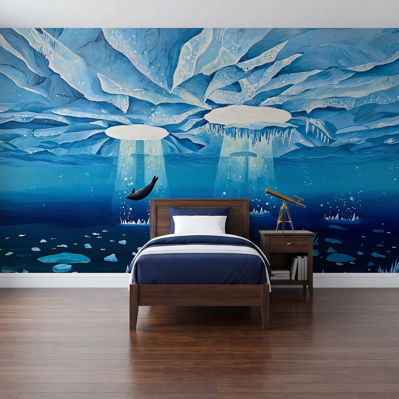 Modern illustration arctic ice whale ocean wallpaper mural for kids room by Whimsy Tots