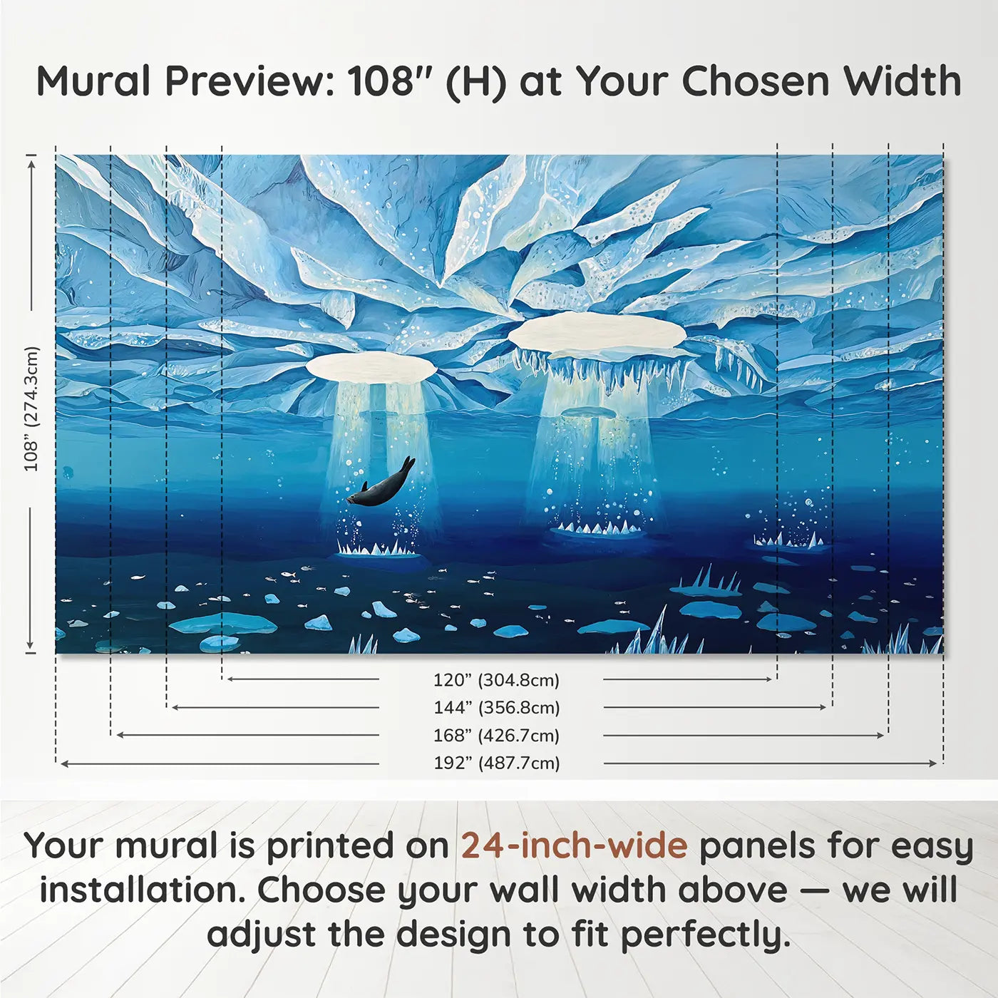 Panel layout and dimensions for Under Arctic Ice Wallpaper Mural by Whimsy Tots