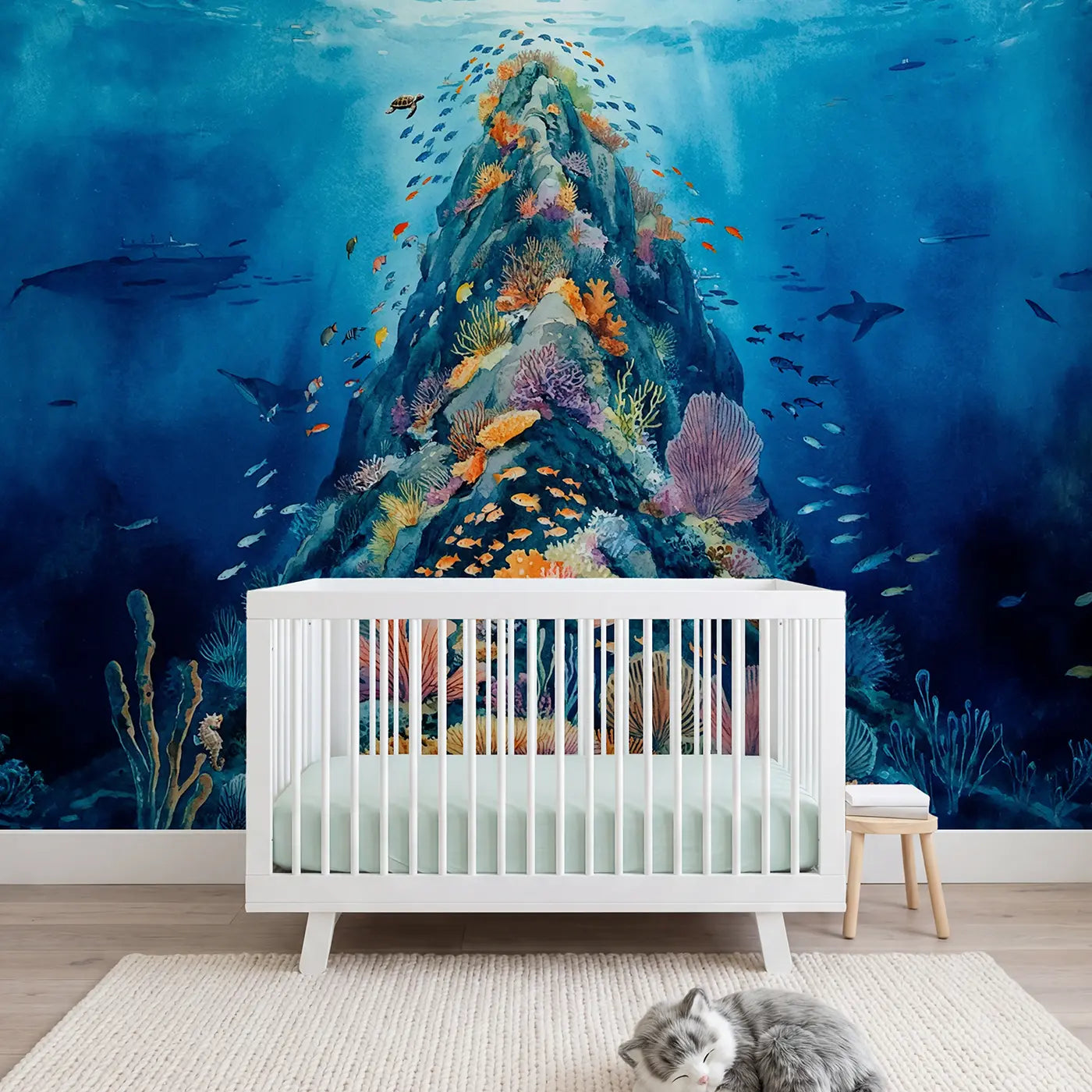 Watercolor ocean seamount coral reef wallpaper mural for girls room by Whimsy Tots