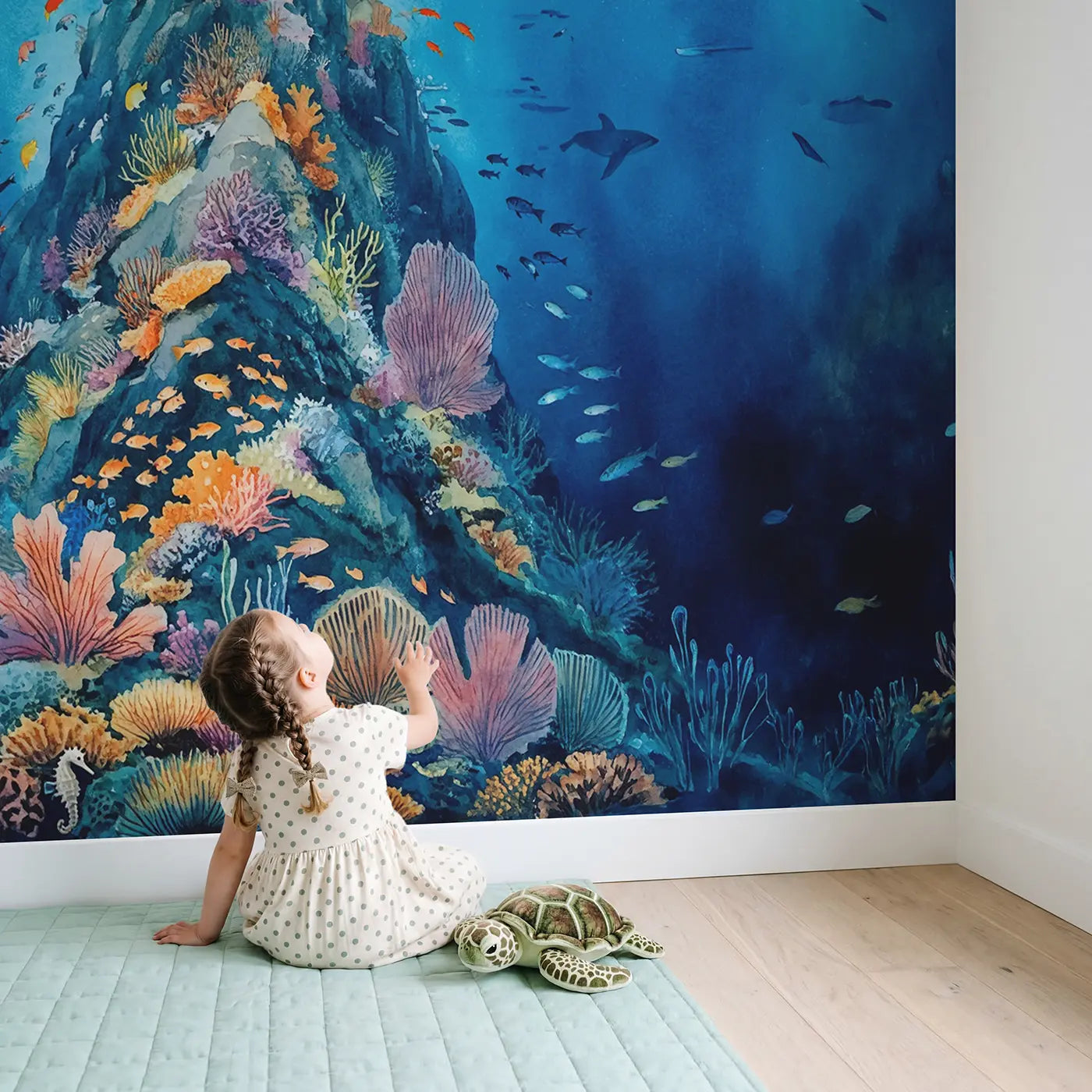 Child in nursery with Ocean Seamount Oasis Wallpaper Mural by Whimsy Tots