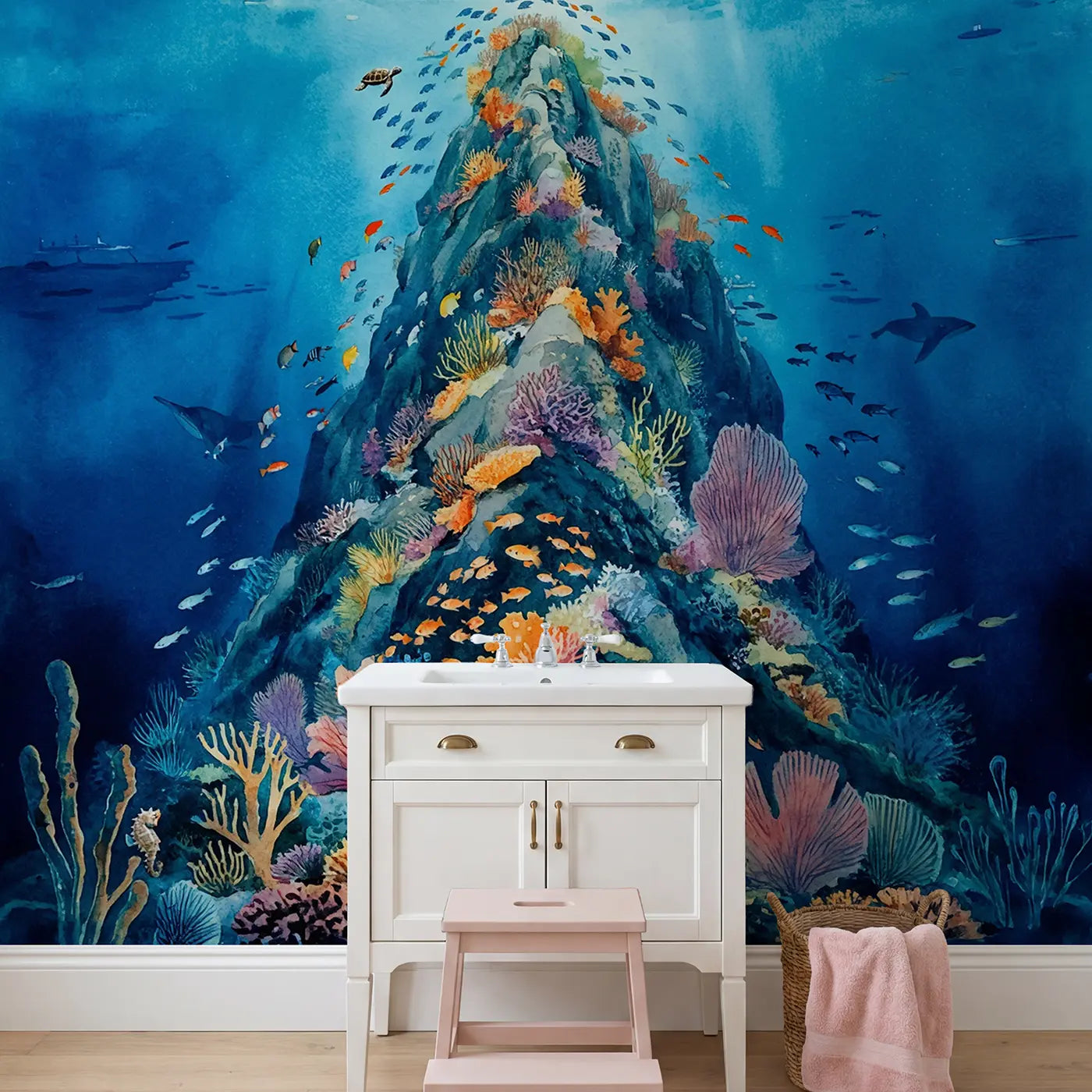 Ocean Seamount Oasis Wallpaper Mural in playroom setting by Whimsy Tots