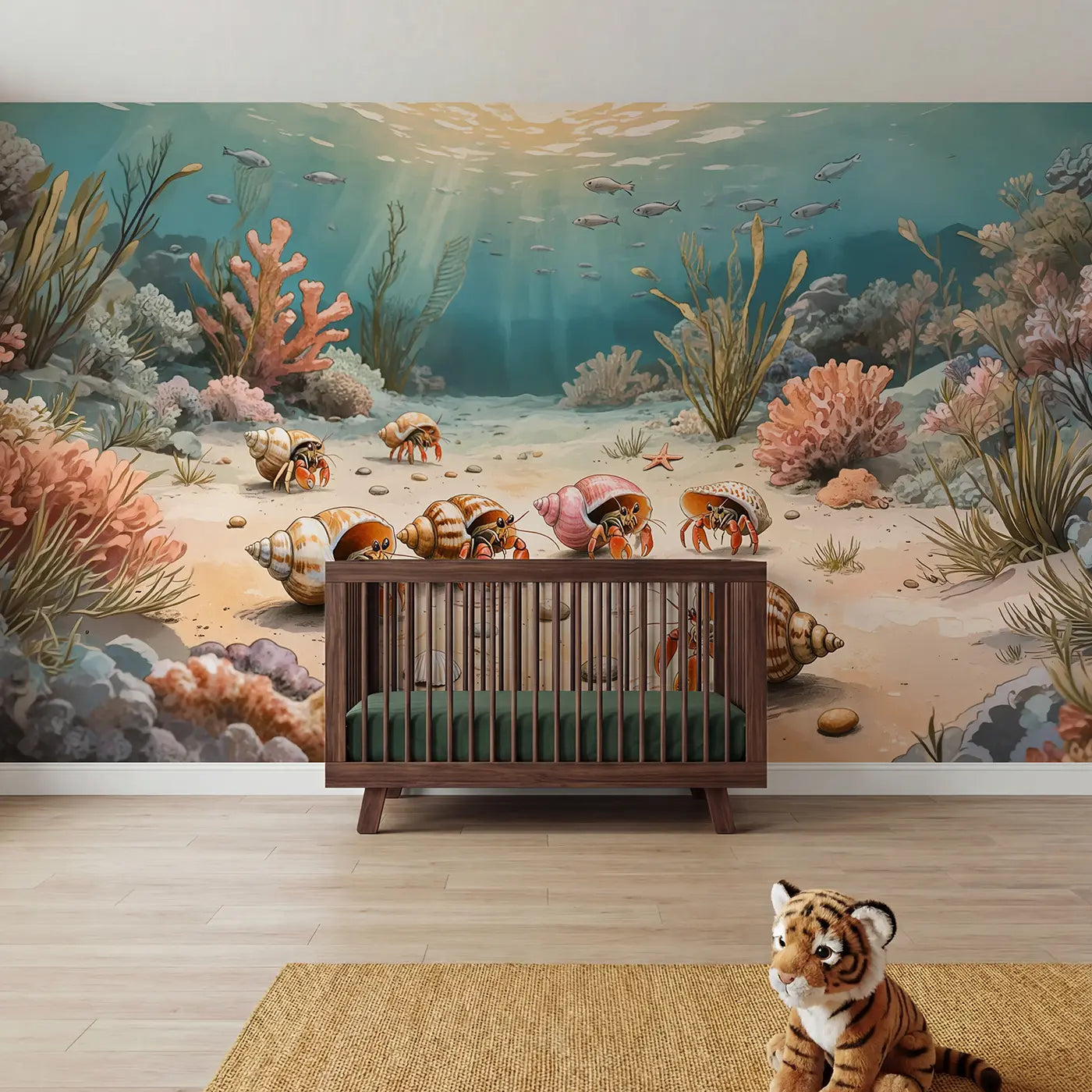 Soft pastel hermit crab shell ocean floor wallpaper mural for girls room by Whimsy Tots