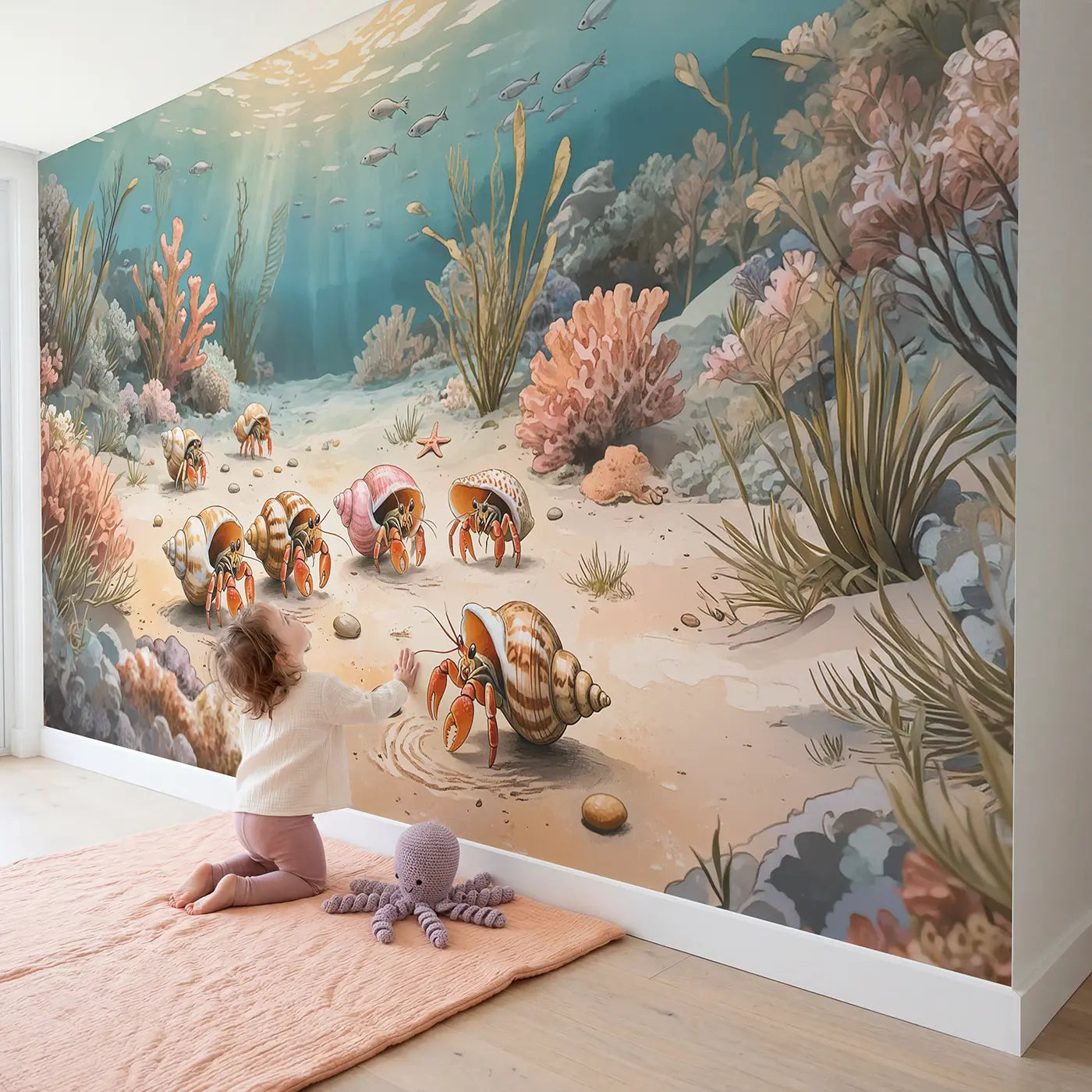 Child in nursery with Hermit Crab Shell Shopping Wallpaper Mural by Whimsy Tots