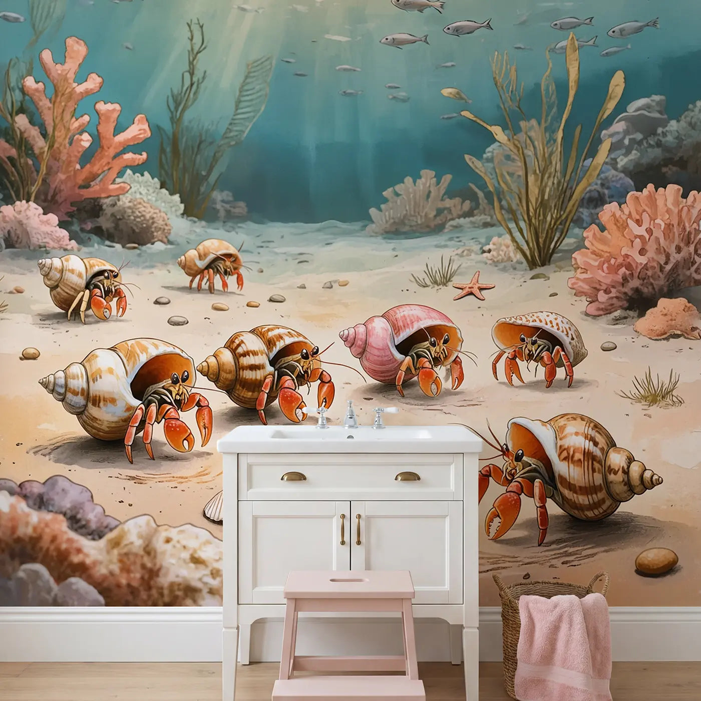 Hermit Crab Shell Shopping Wallpaper Mural in playroom setting by Whimsy Tots