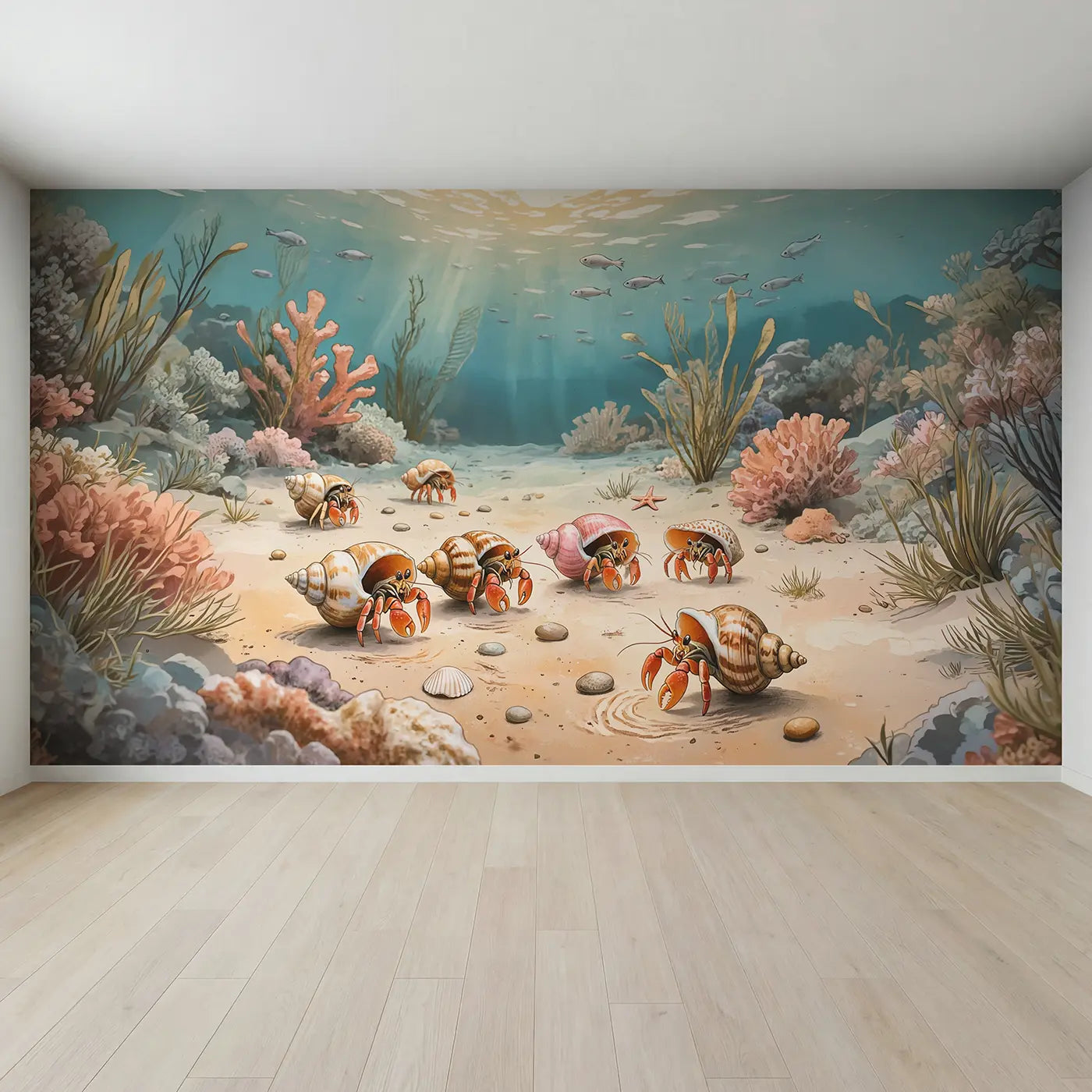 Full view of Hermit Crab Shell Shopping Wallpaper Mural by Whimsy Tots