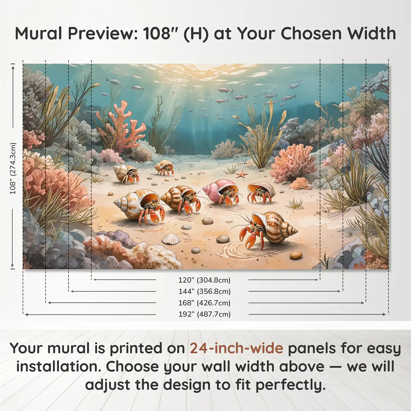 Panel layout and dimensions for Hermit Crab Shell Shopping Wallpaper Mural by Whimsy Tots