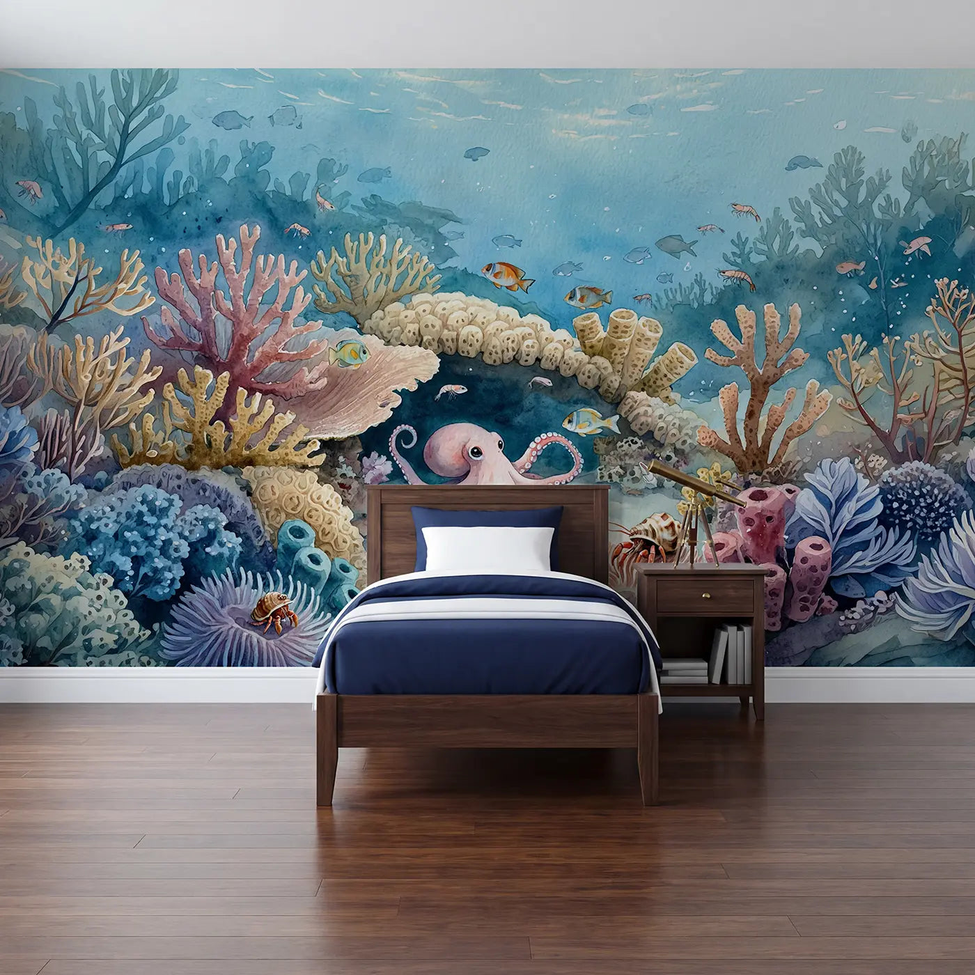 watercolor baby octopus coral reef wallpaper mural for kids room by Whimsy Tots