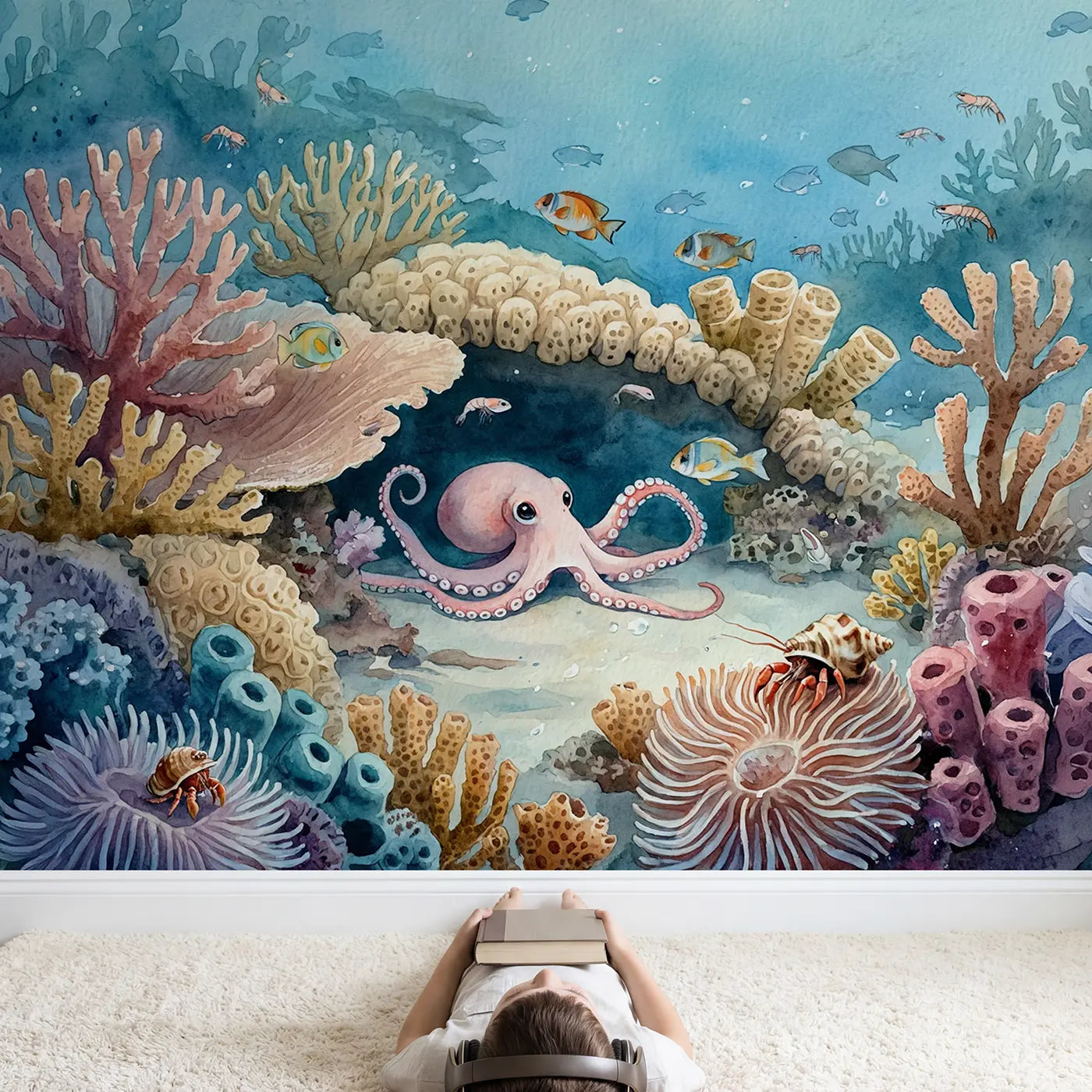 Child in nursery with Curious Baby Octopus Reef Wallpaper Mural by Whimsy Tots