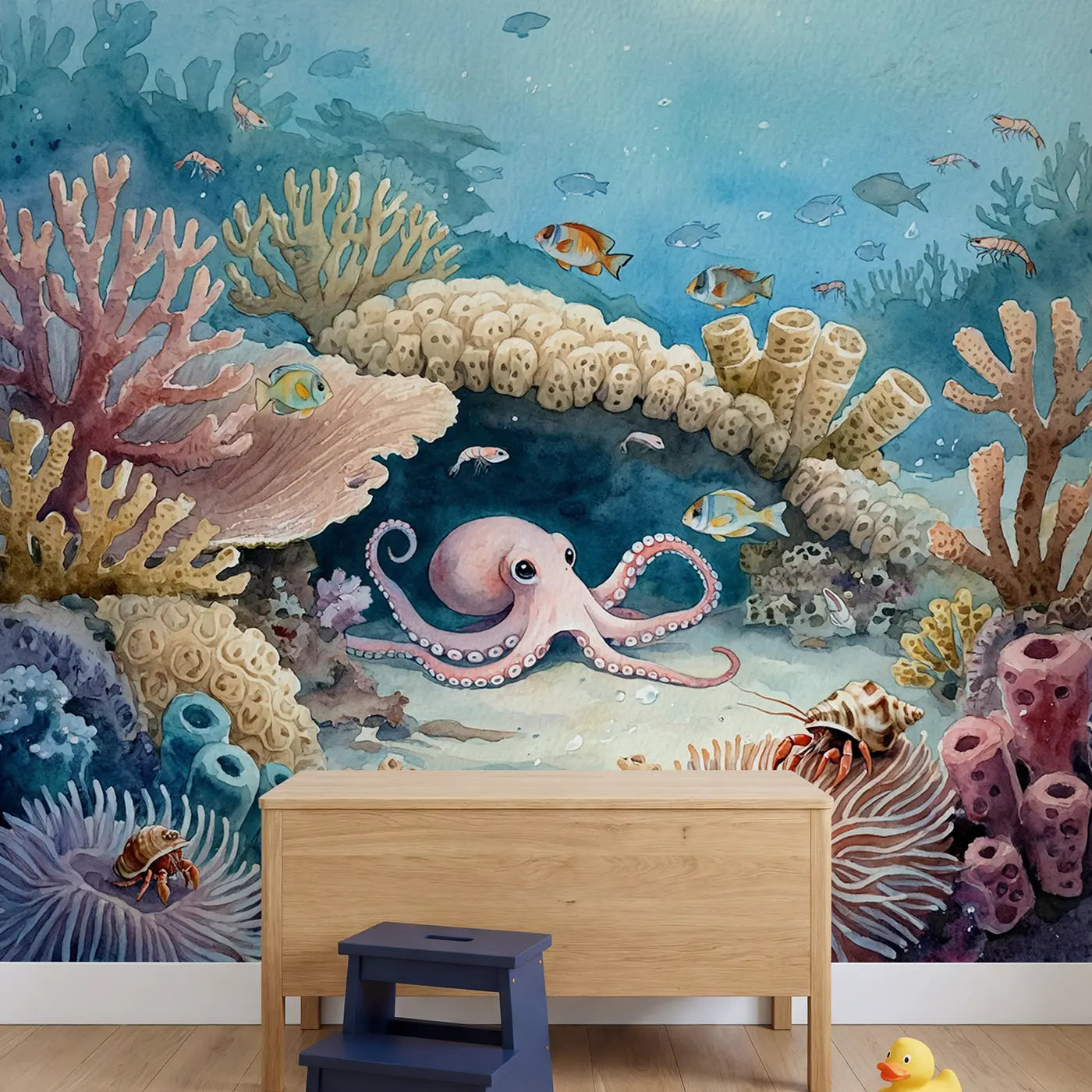 Curious Baby Octopus Reef Wallpaper Mural in playroom setting by Whimsy Tots