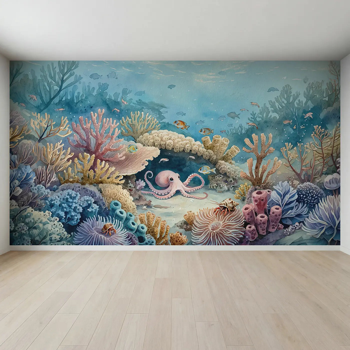 Full view of Curious Baby Octopus Reef Wallpaper Mural by Whimsy Tots
