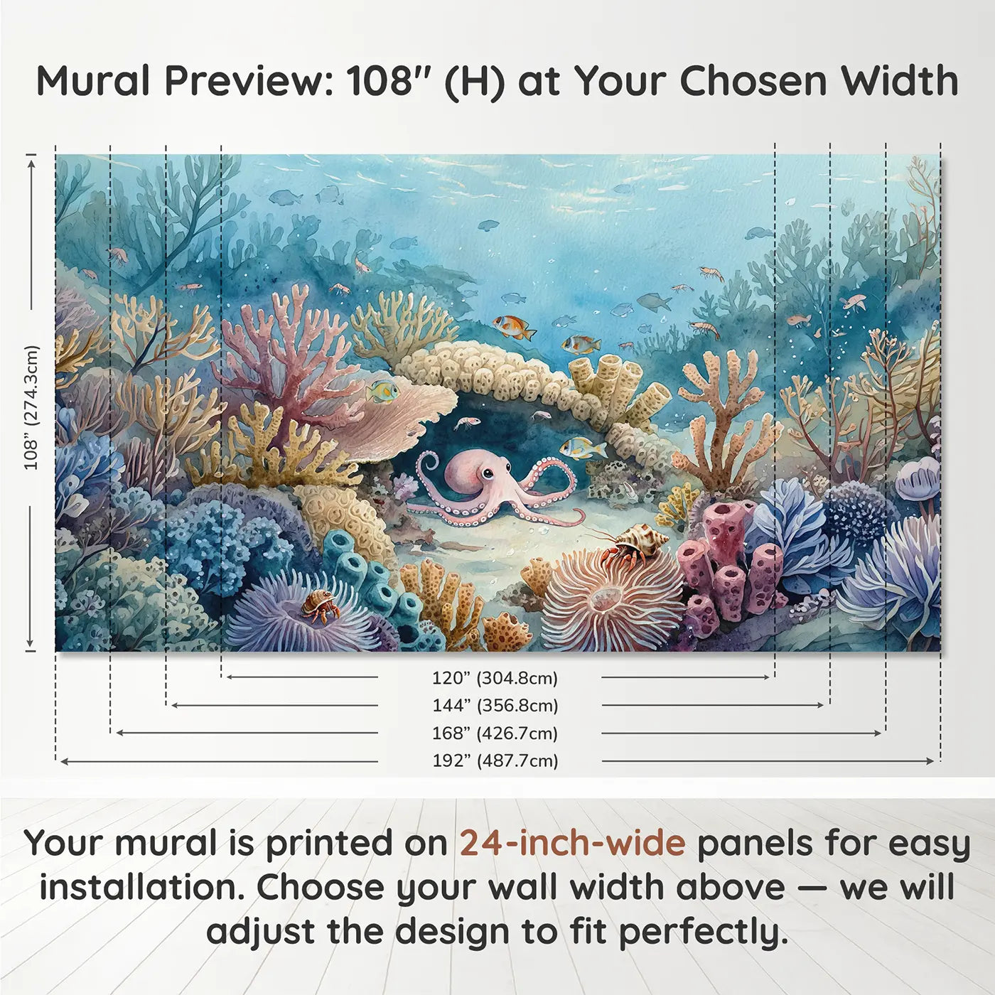 Panel layout and dimensions for Curious Baby Octopus Reef Wallpaper Mural by Whimsy Tots
