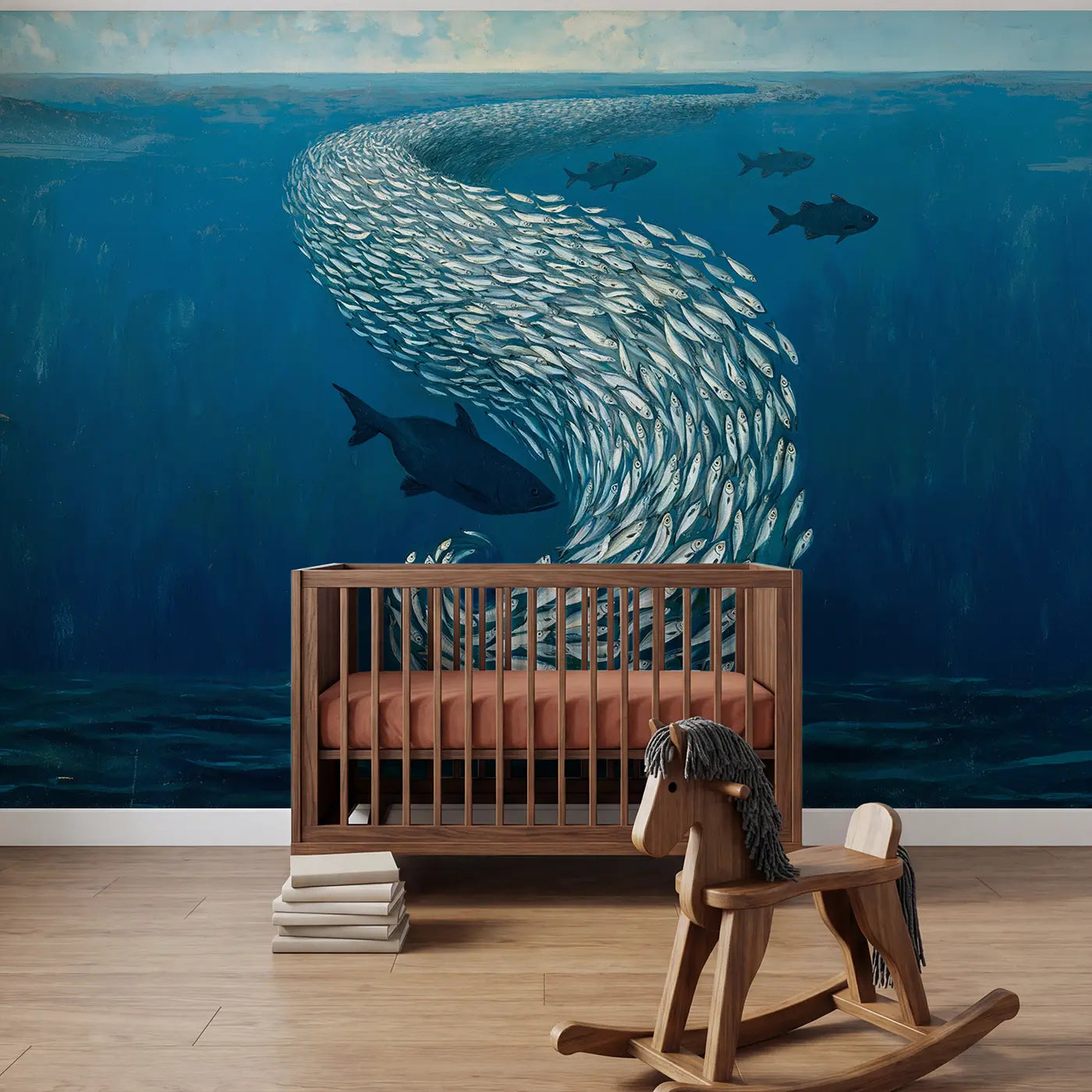 painted sardine school ocean dance wallpaper mural for nursery by Whimsy Tots