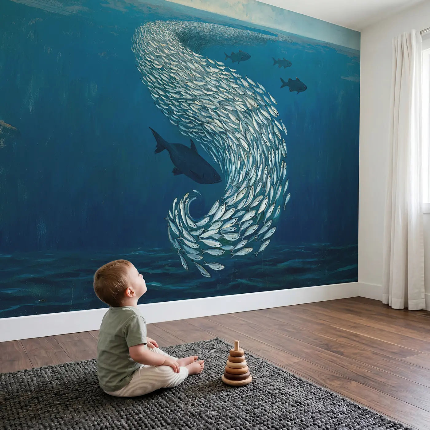 Child in nursery with Sardine School Ocean Dance Wallpaper Mural by Whimsy Tots