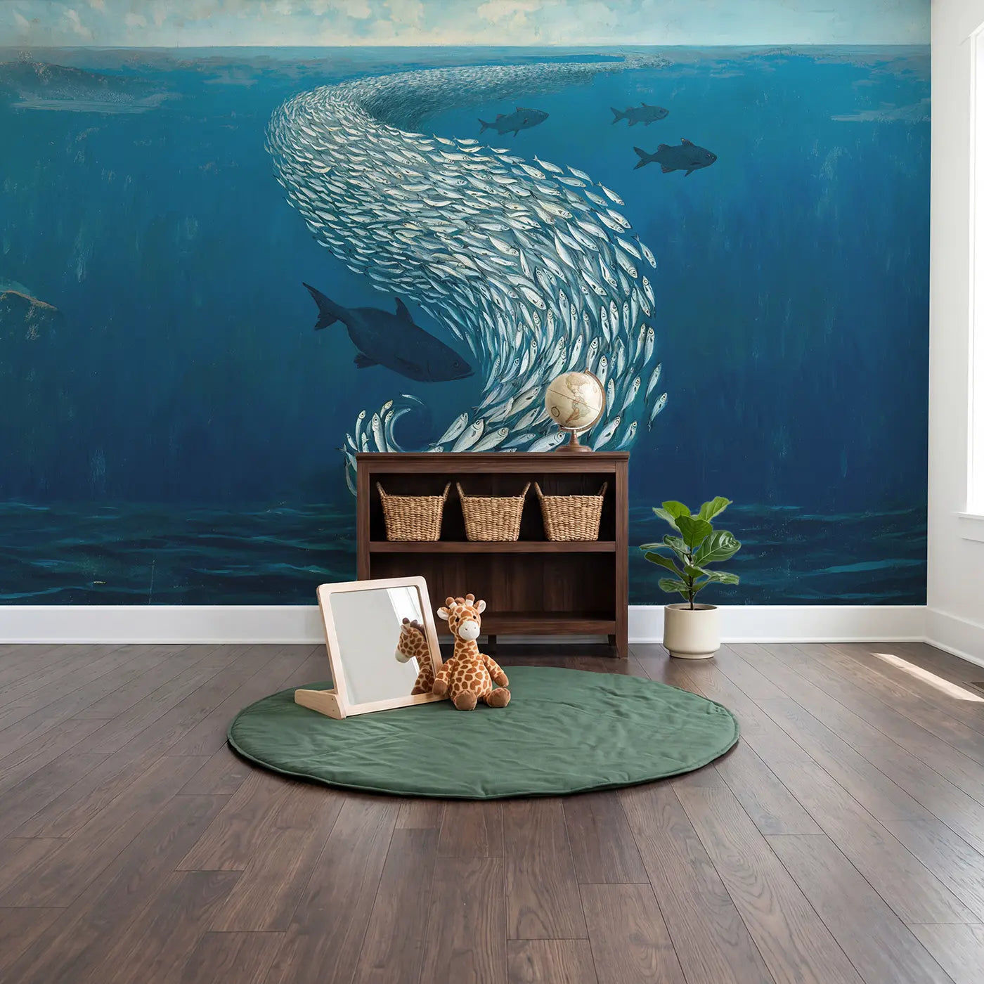 Sardine School Ocean Dance Wallpaper Mural in playroom setting by Whimsy Tots