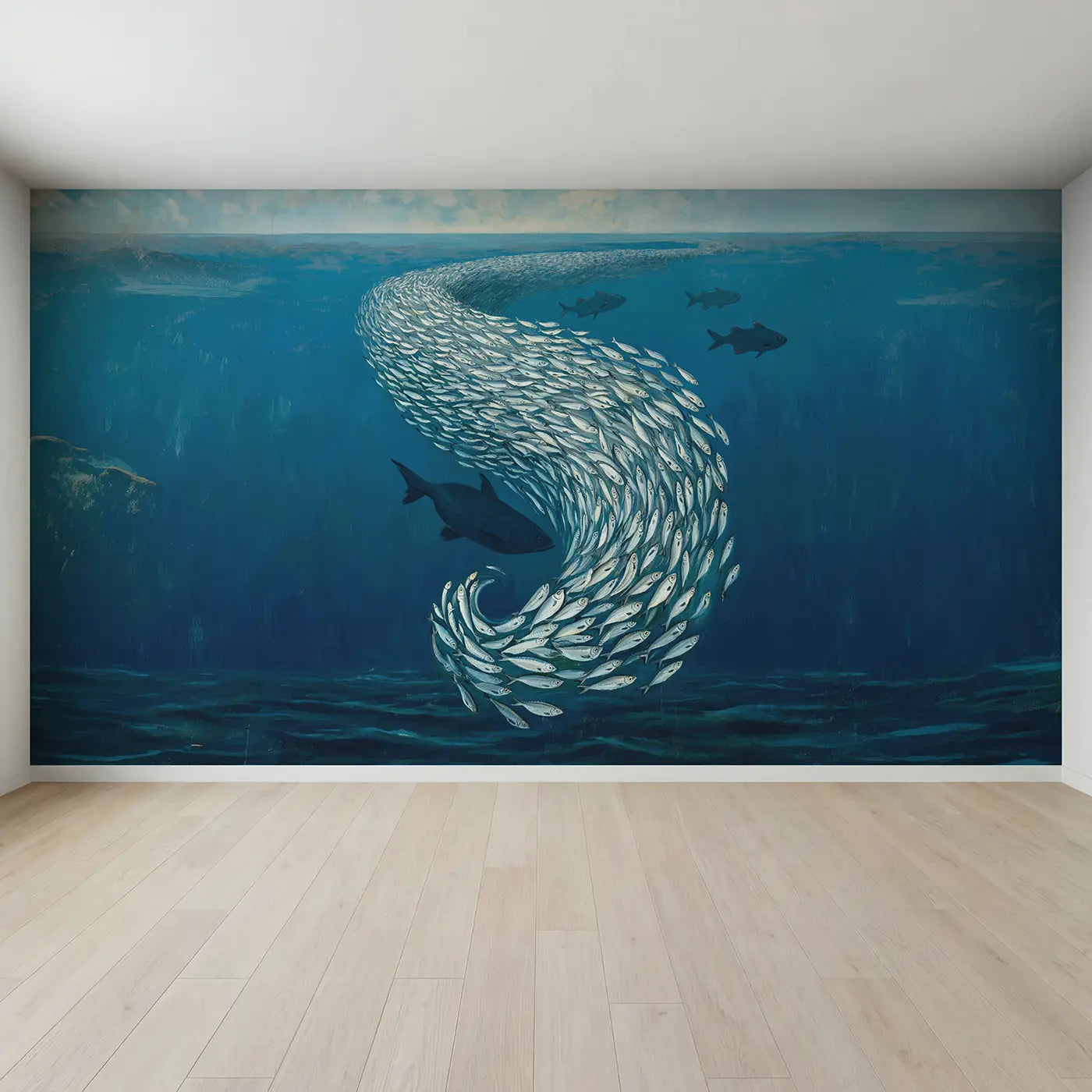 Full view of Sardine School Ocean Dance Wallpaper Mural by Whimsy Tots