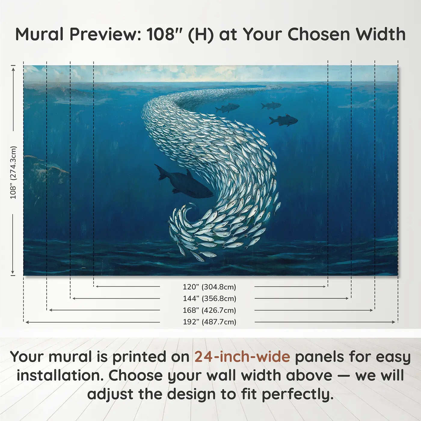 Panel layout and dimensions for Sardine School Ocean Dance Wallpaper Mural by Whimsy Tots