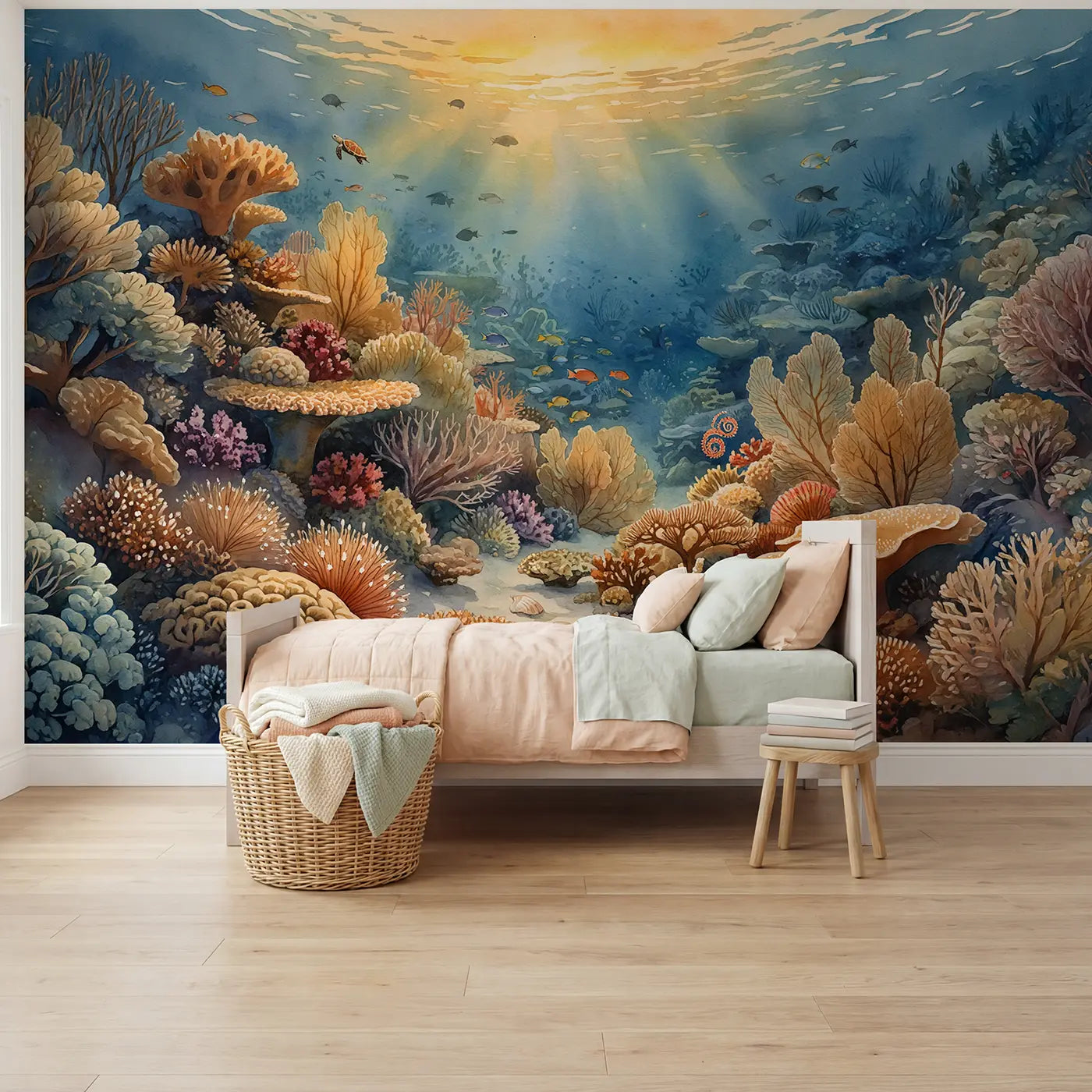 watercolor coral reef golden hour underwater wallpaper mural for girls room by Whimsy Tots