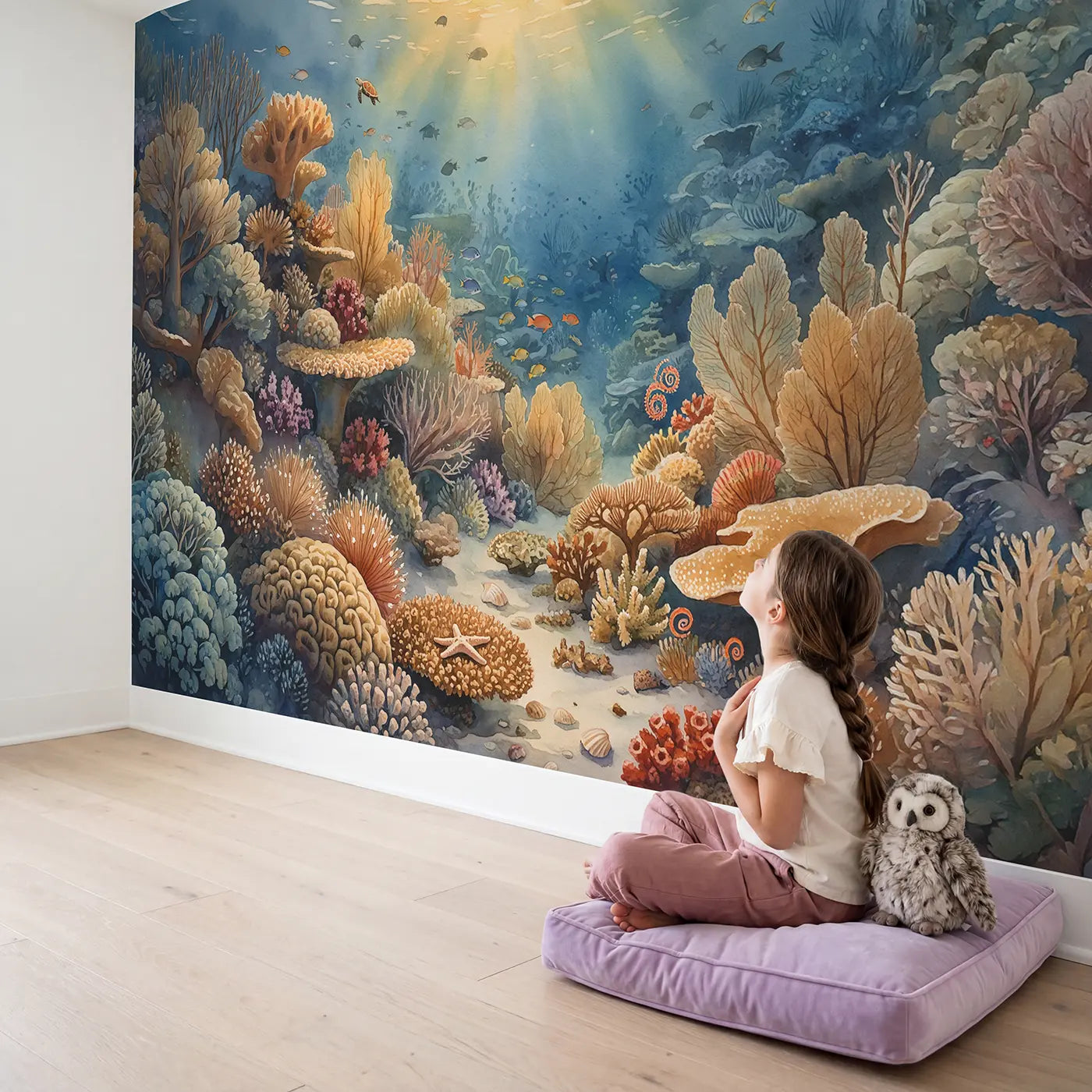 Child in nursery with Coral Garden Golden Hour Wallpaper Mural by Whimsy Tots