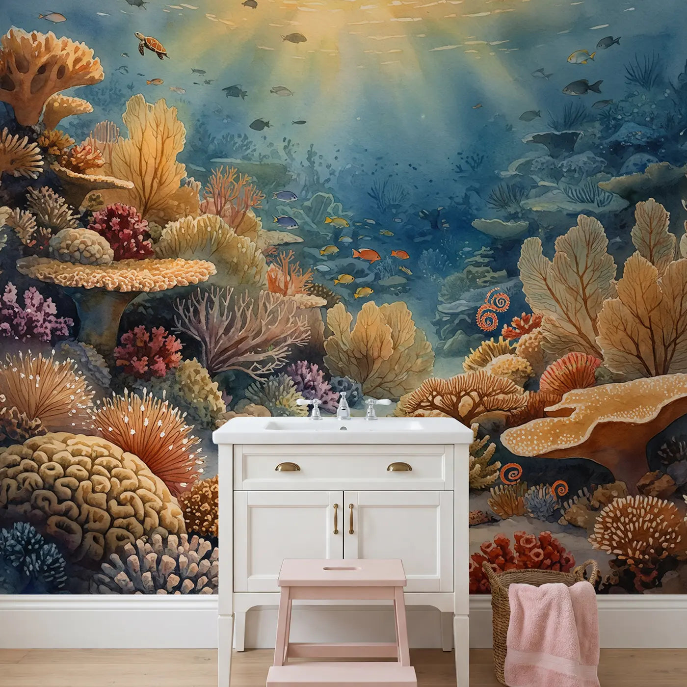 Coral Garden Golden Hour Wallpaper Mural in playroom setting by Whimsy Tots
