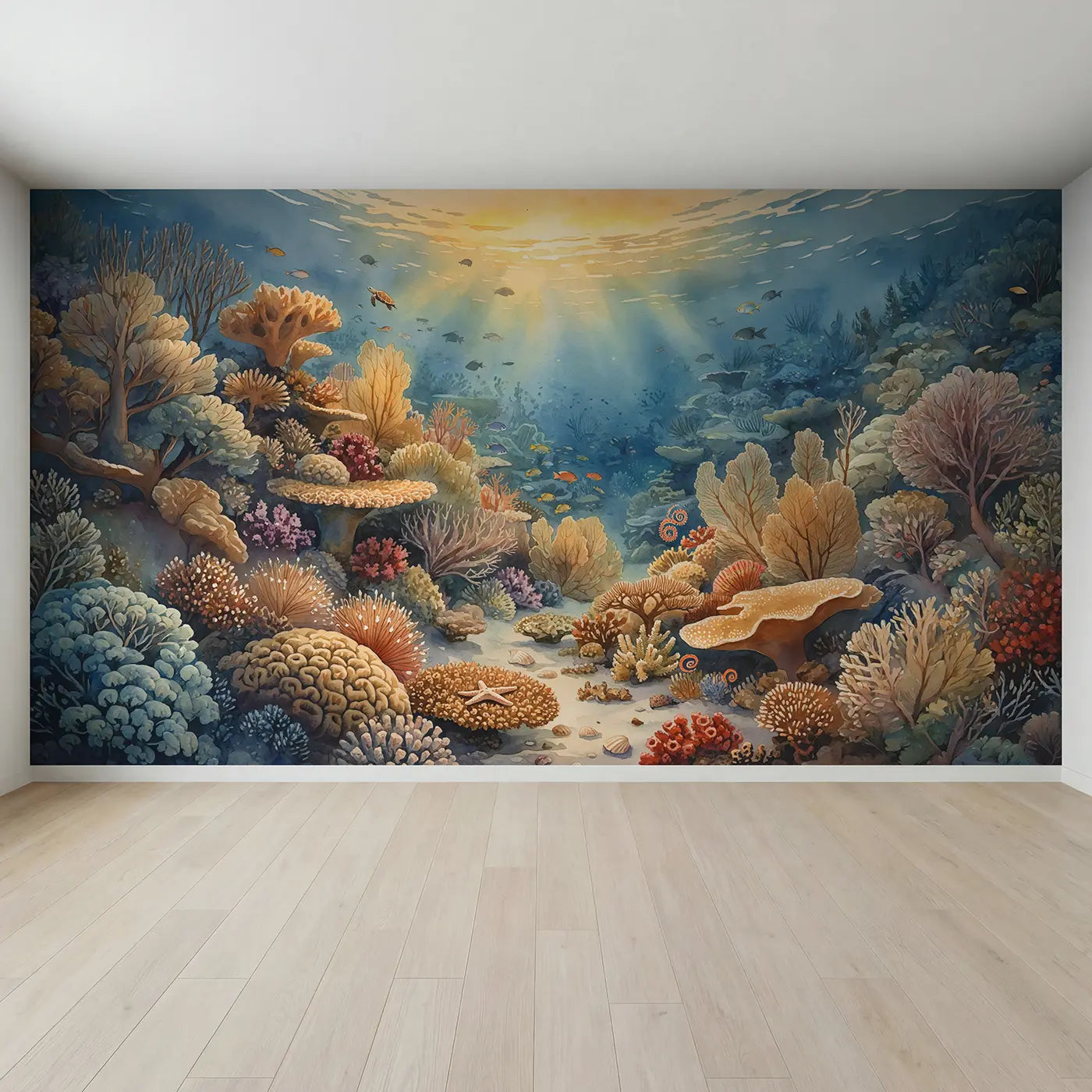 Full view of Coral Garden Golden Hour Wallpaper Mural by Whimsy Tots