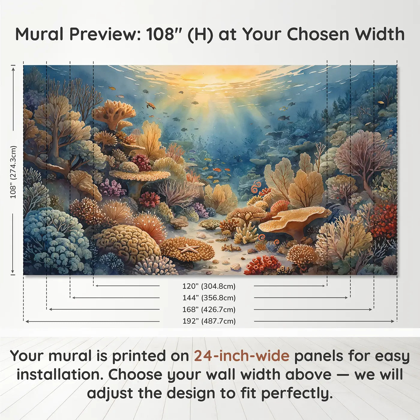 Panel layout and dimensions for Coral Garden Golden Hour Wallpaper Mural by Whimsy Tots