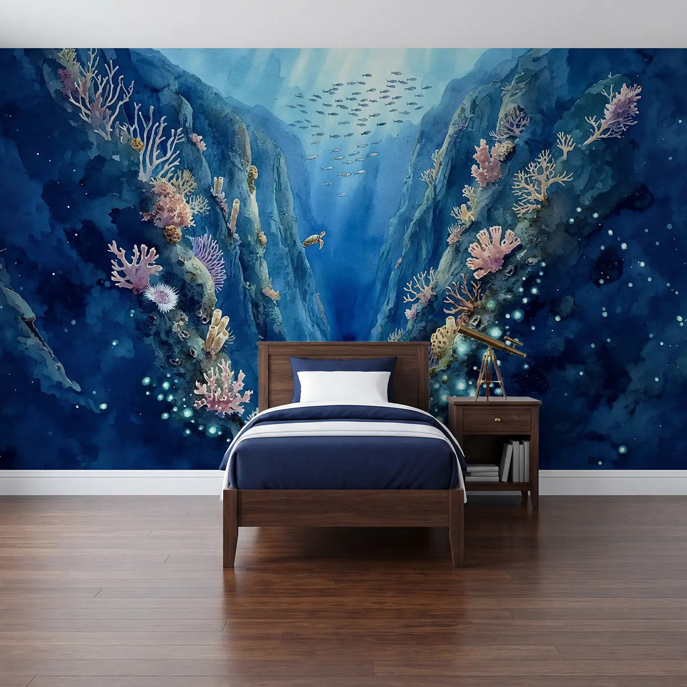 Watercolor ocean canyon coral kelp fish wallpaper mural for kids room by Whimsy Tots