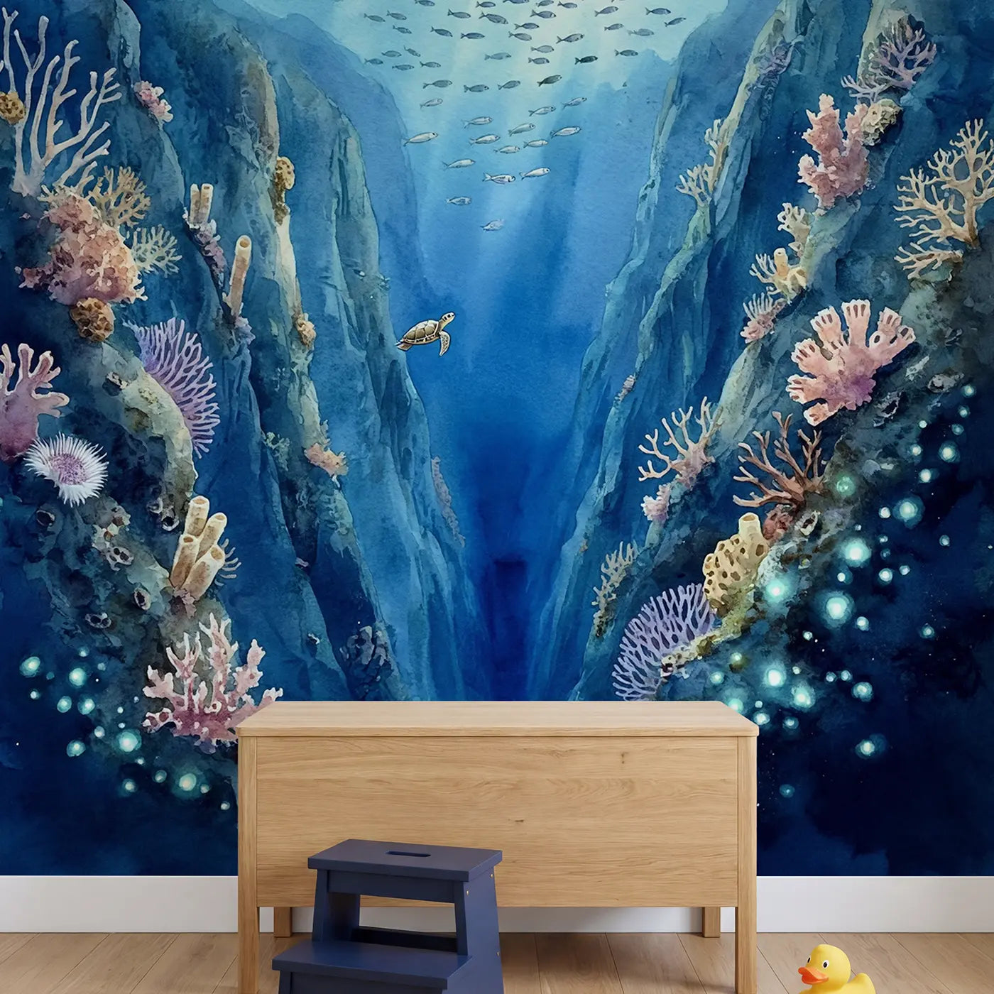 Deep Ocean Canyon Wallpaper Mural in playroom setting by Whimsy Tots