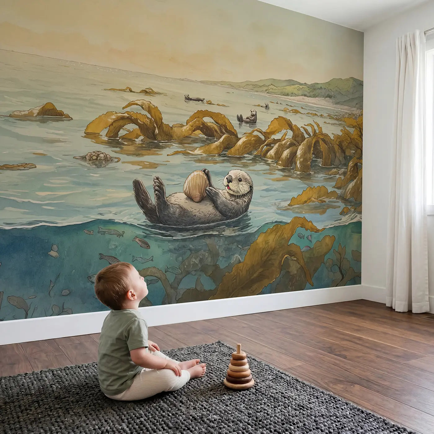 Child in nursery with Floating Sea Otter Kelp Wallpaper Mural by Whimsy Tots
