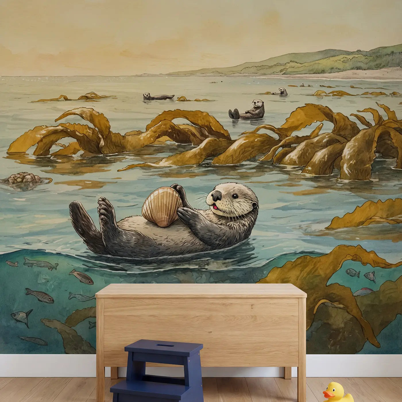 Floating Sea Otter Kelp Wallpaper Mural in playroom setting by Whimsy Tots