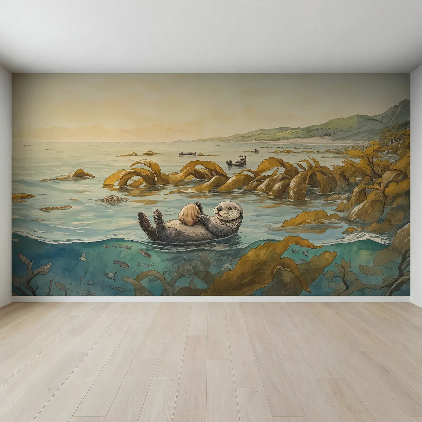 Full view of Floating Sea Otter Kelp Wallpaper Mural by Whimsy Tots