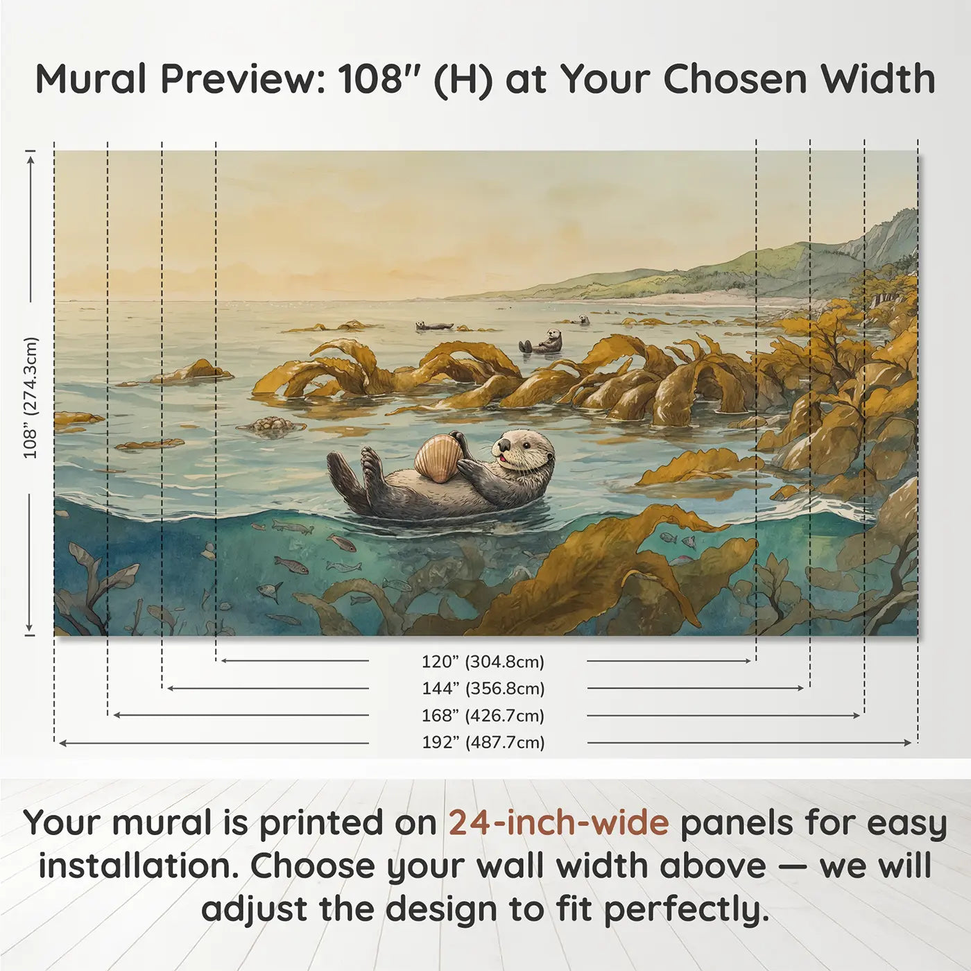 Panel layout and dimensions for Floating Sea Otter Kelp Wallpaper Mural by Whimsy Tots