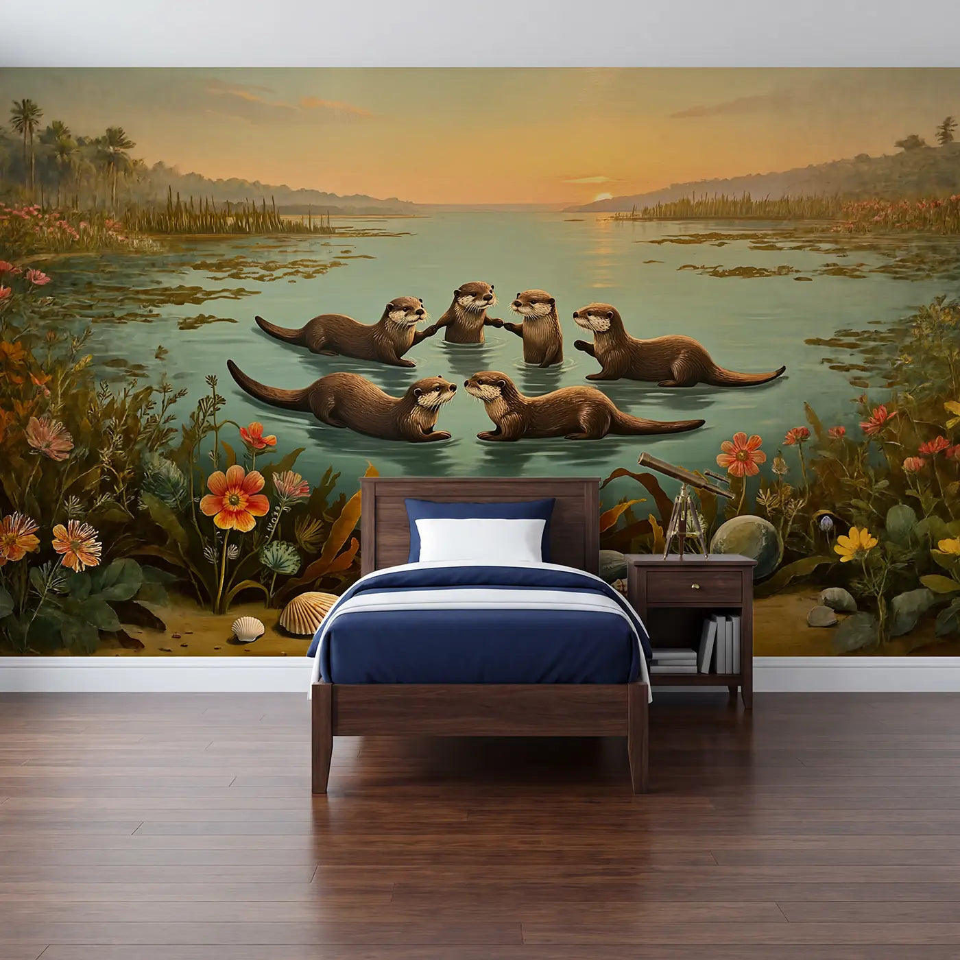 Painted landscape otter family kelp ocean wallpaper mural for kids room by Whimsy Tots