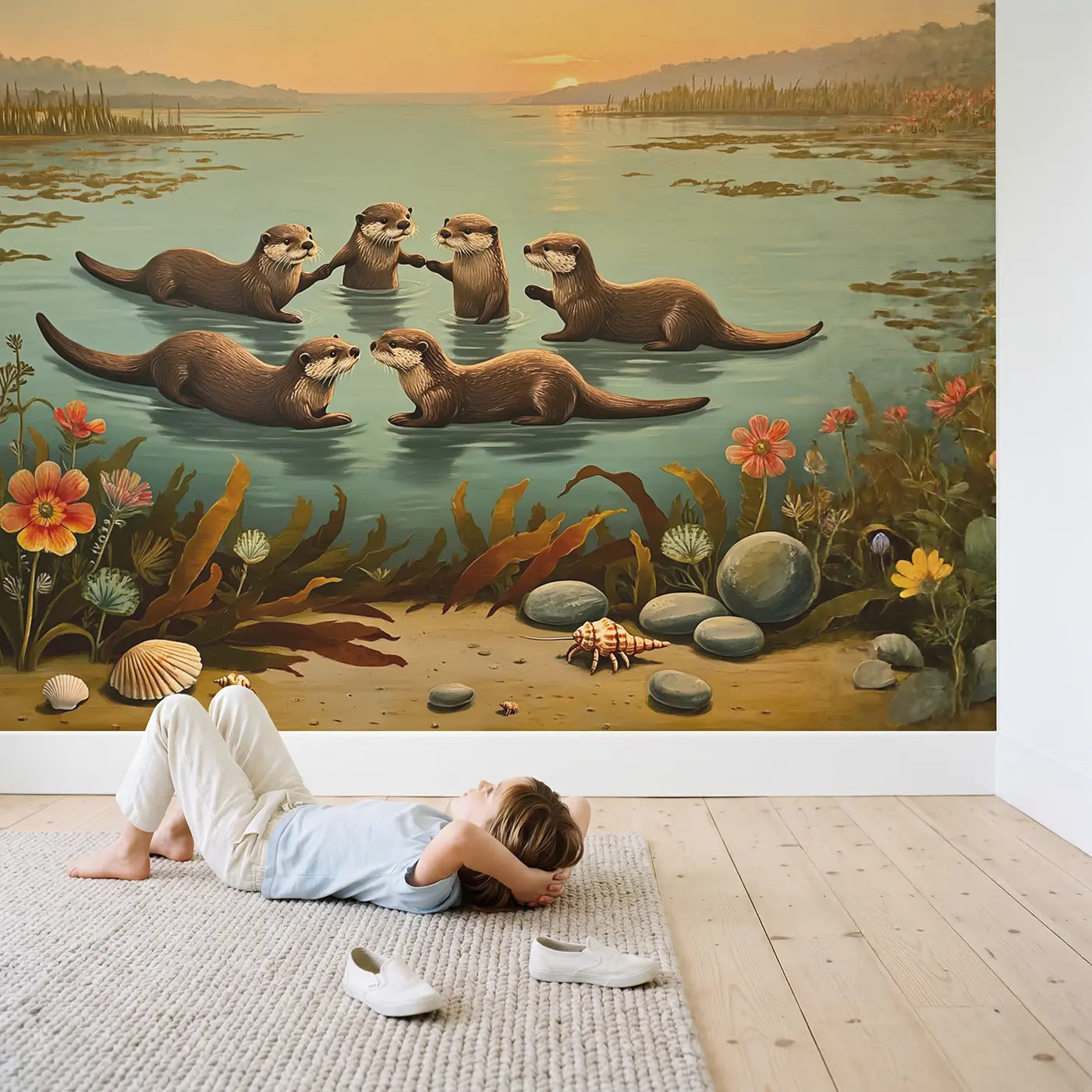 Child in nursery with Otter Family Floating Kelp Wallpaper Mural by Whimsy Tots