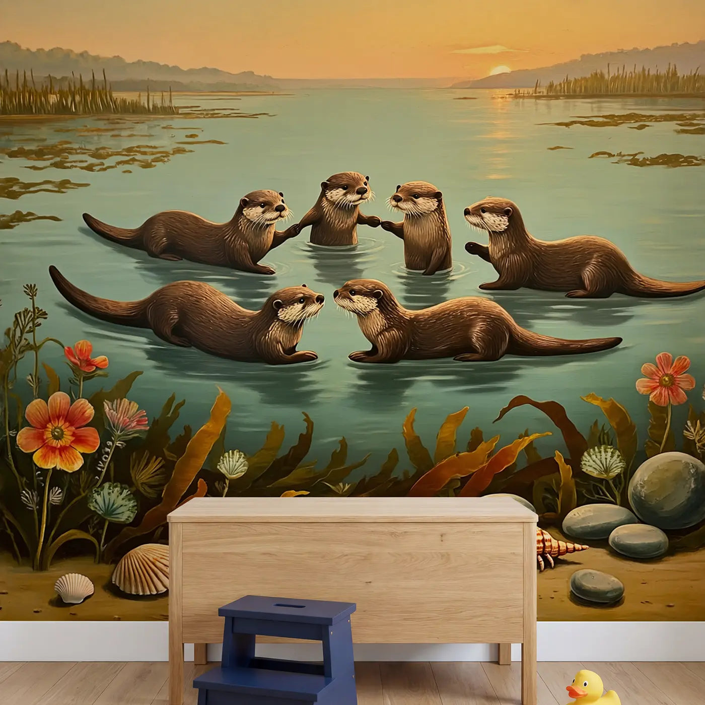Otter Family Floating Kelp Wallpaper Mural in playroom setting by Whimsy Tots