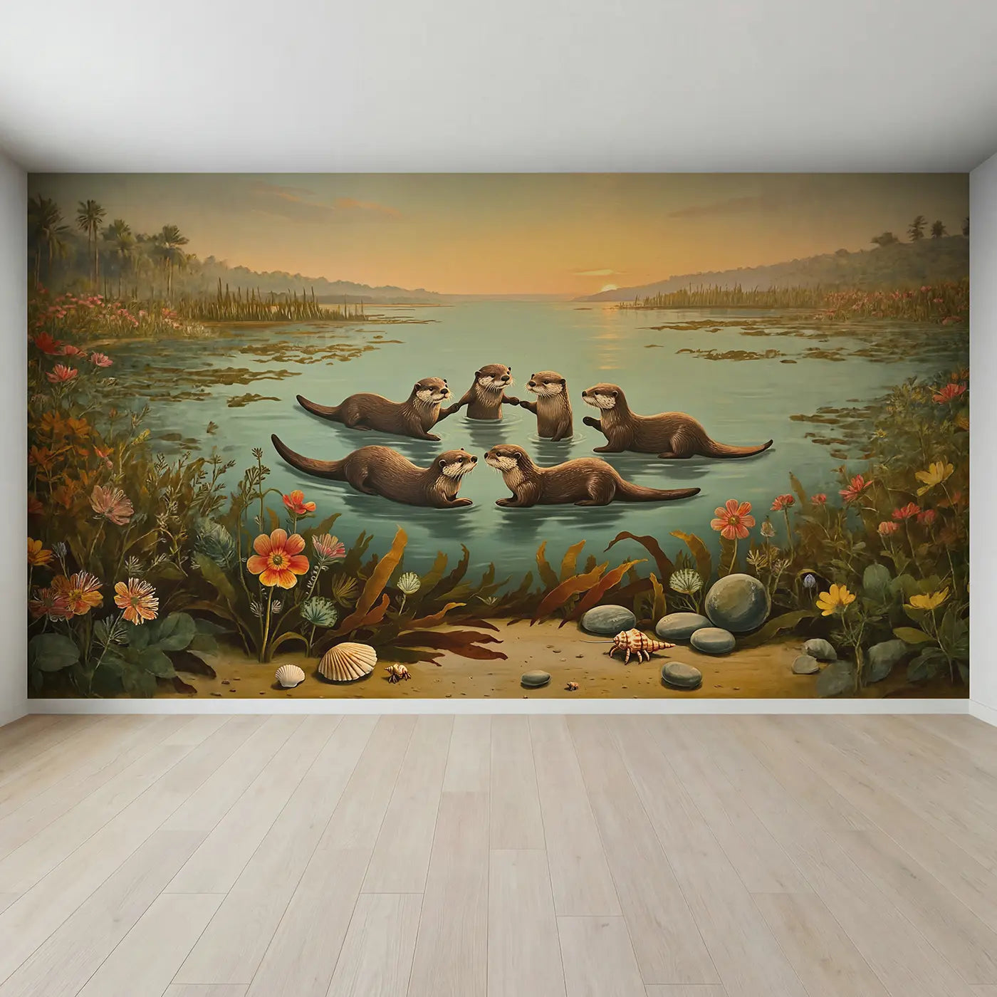 Full view of Otter Family Floating Kelp Wallpaper Mural by Whimsy Tots