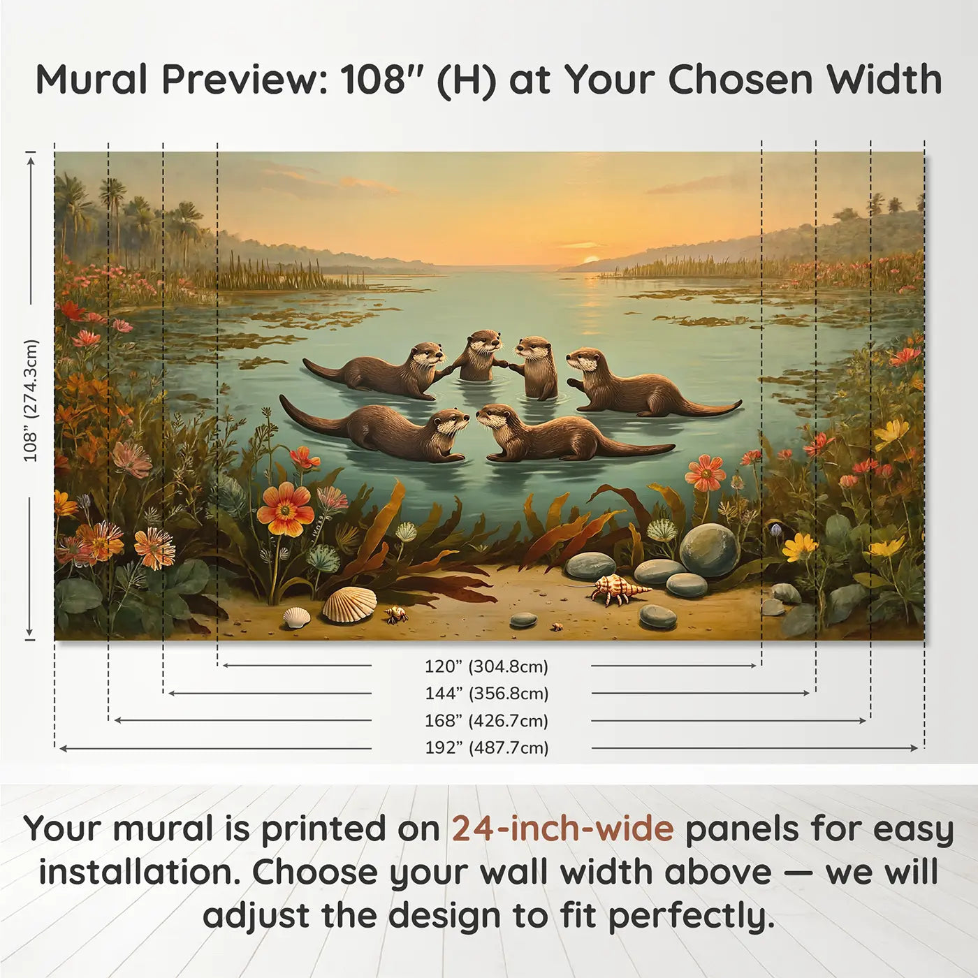 Panel layout and dimensions for Otter Family Floating Kelp Wallpaper Mural by Whimsy Tots