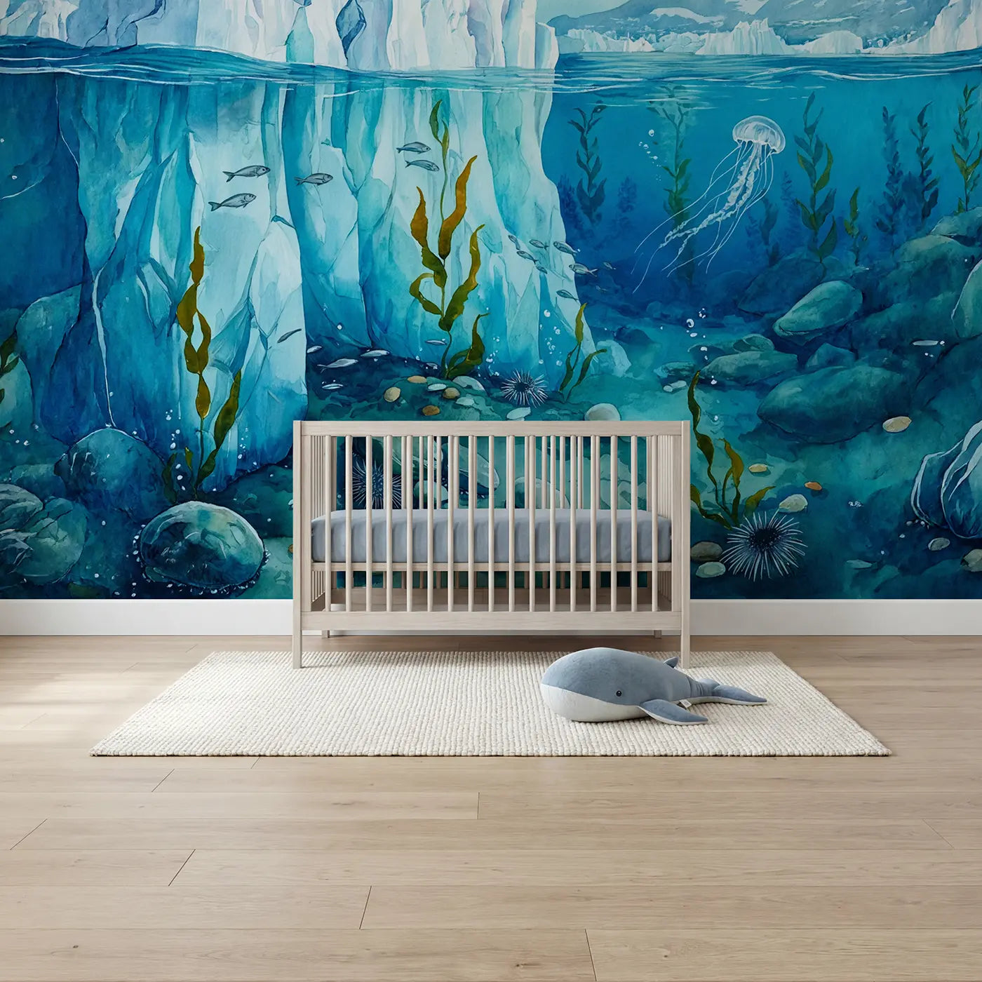 Watercolor glacier underwater coral kelp wallpaper mural for boys room by Whimsy Tots