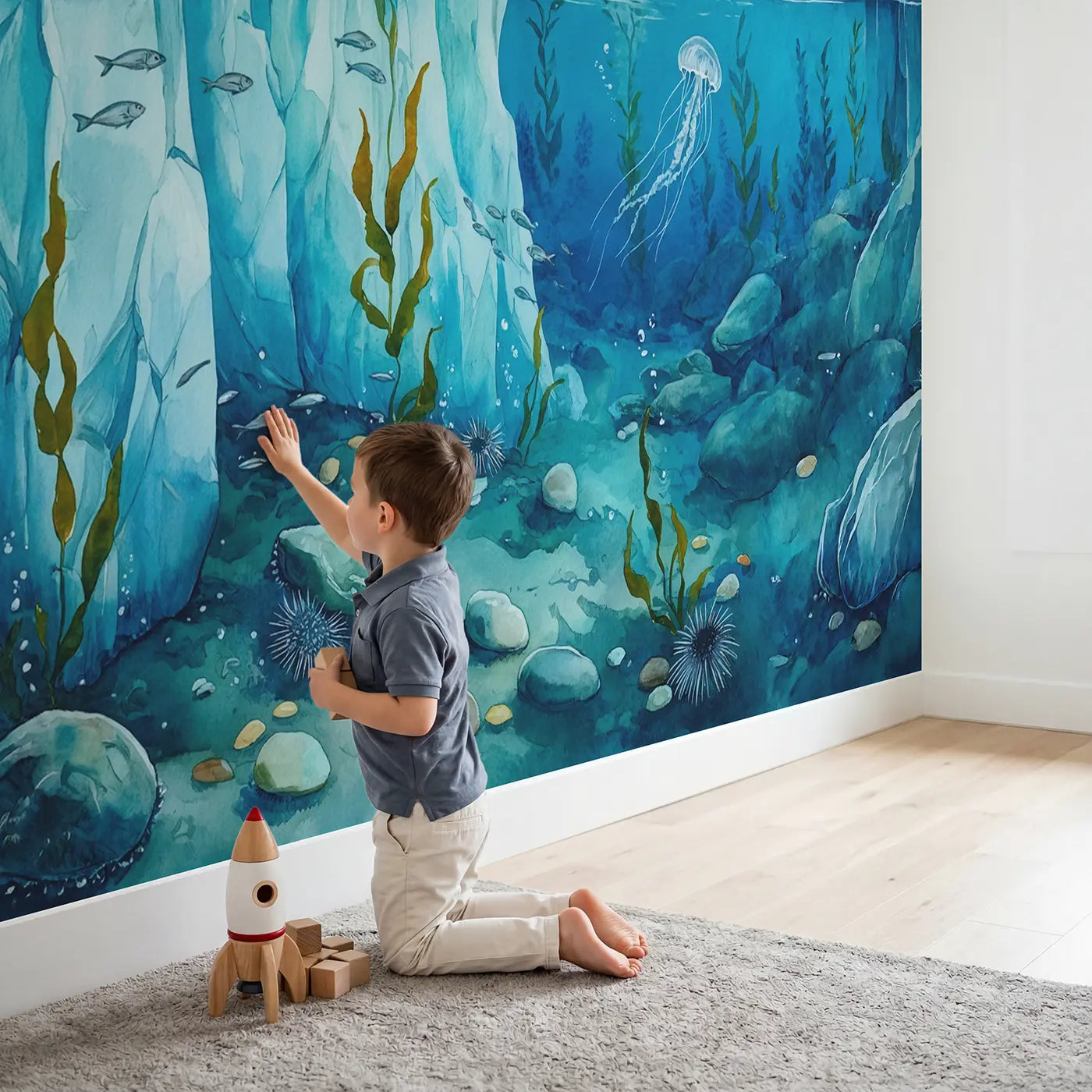 Child in nursery with Glacier Underwater World Wallpaper Mural by Whimsy Tots