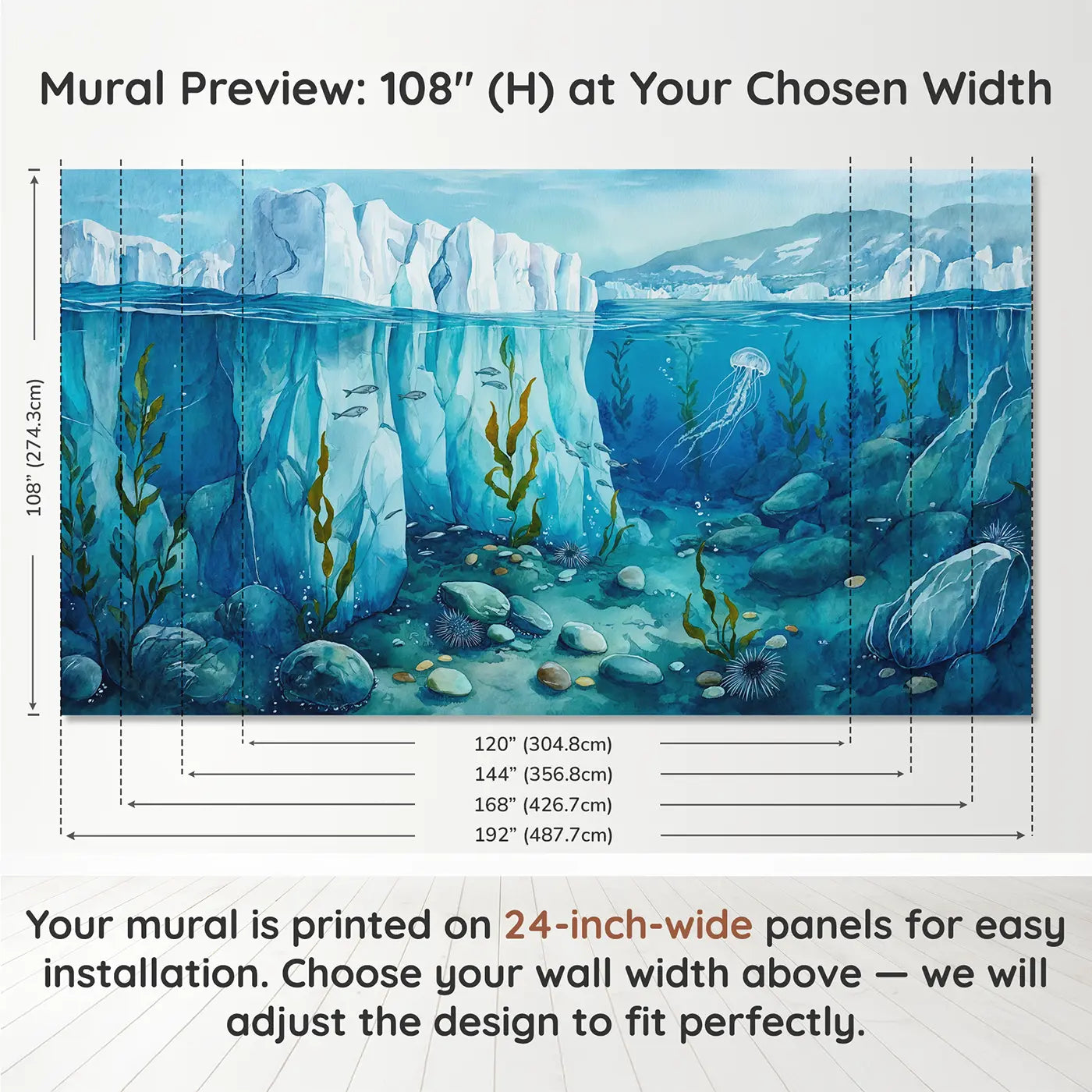 Panel layout and dimensions for Glacier Underwater World Wallpaper Mural by Whimsy Tots