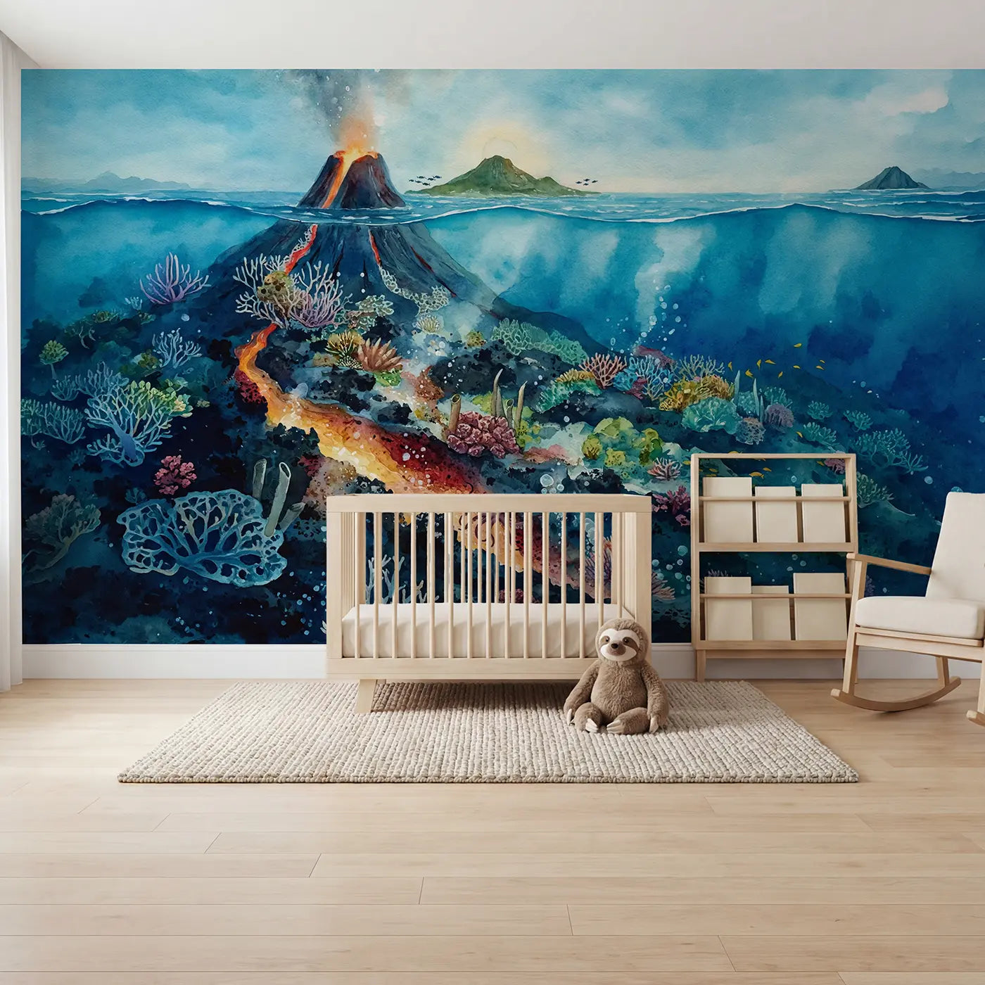 Watercolor underwater volcanic island with coral wallpaper mural for kids room by Whimsy Tots