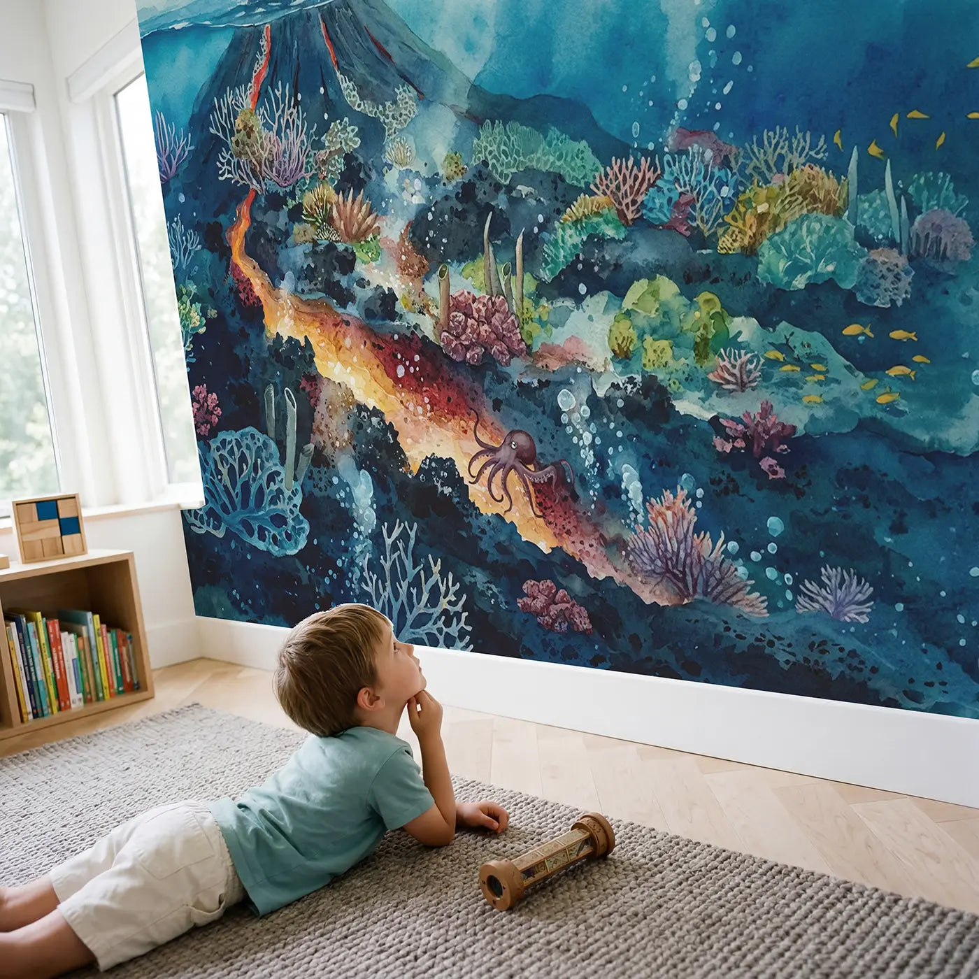Child in nursery with Underwater Volcanic Island Wallpaper Mural by Whimsy Tots