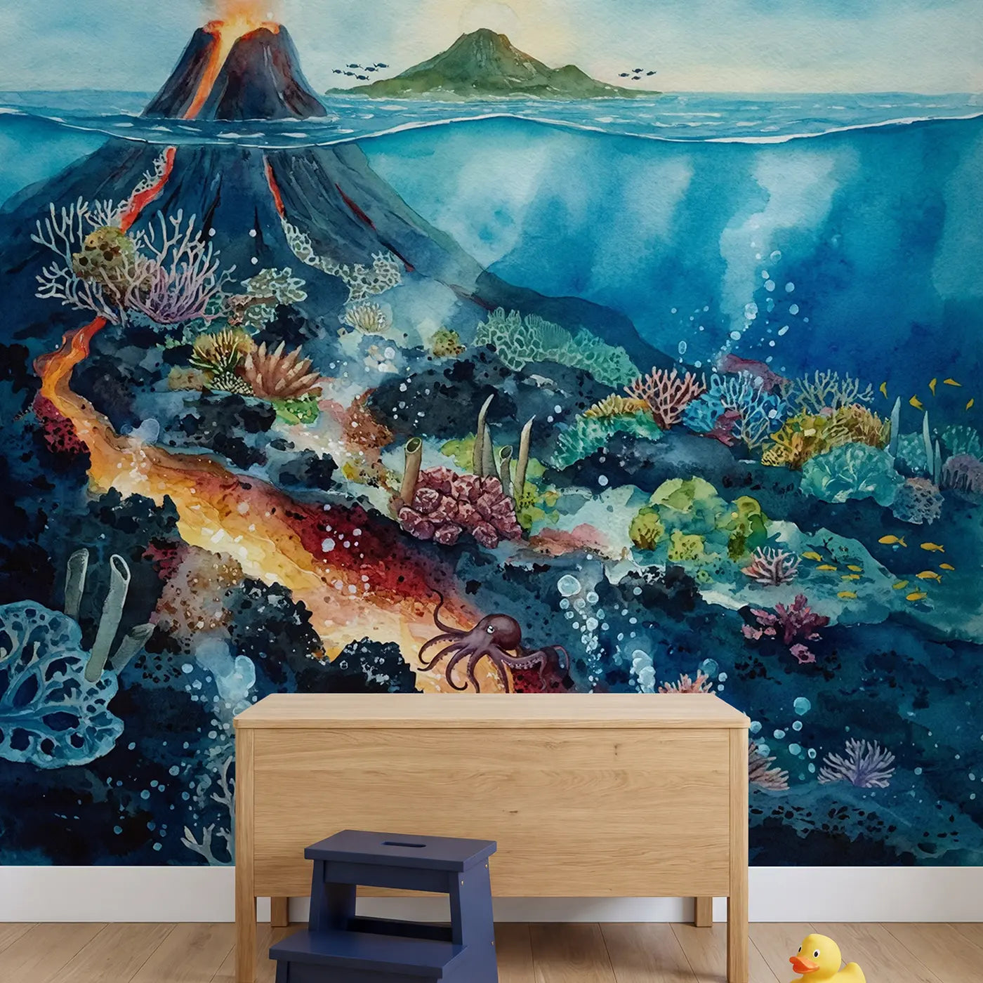 Underwater Volcanic Island Wallpaper Mural in playroom setting by Whimsy Tots