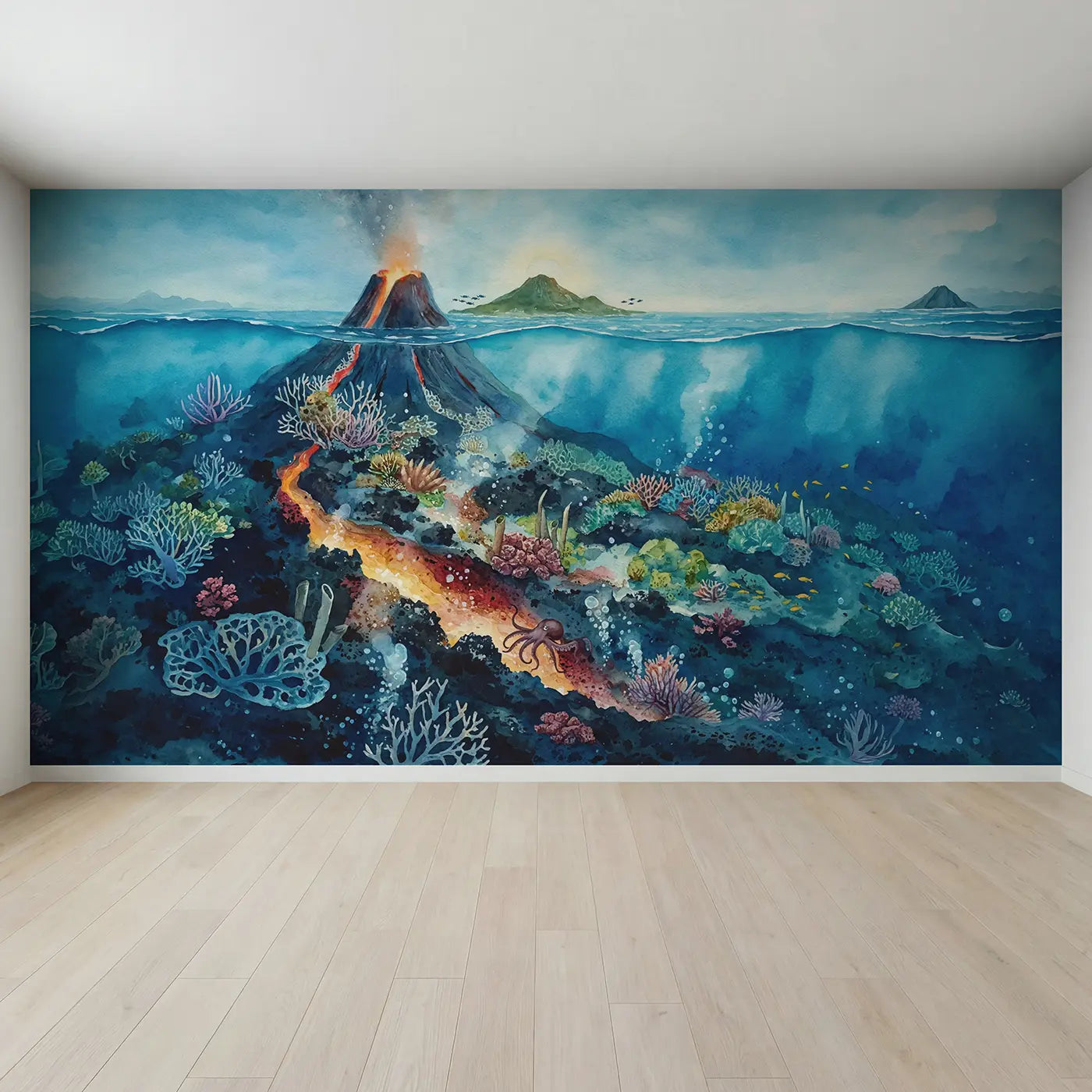 Full view of Underwater Volcanic Island Wallpaper Mural by Whimsy Tots