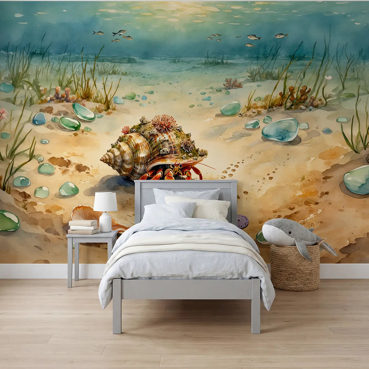 Watercolor hermit crab in tide pool wallpaper mural for boys room by Whimsy Tots